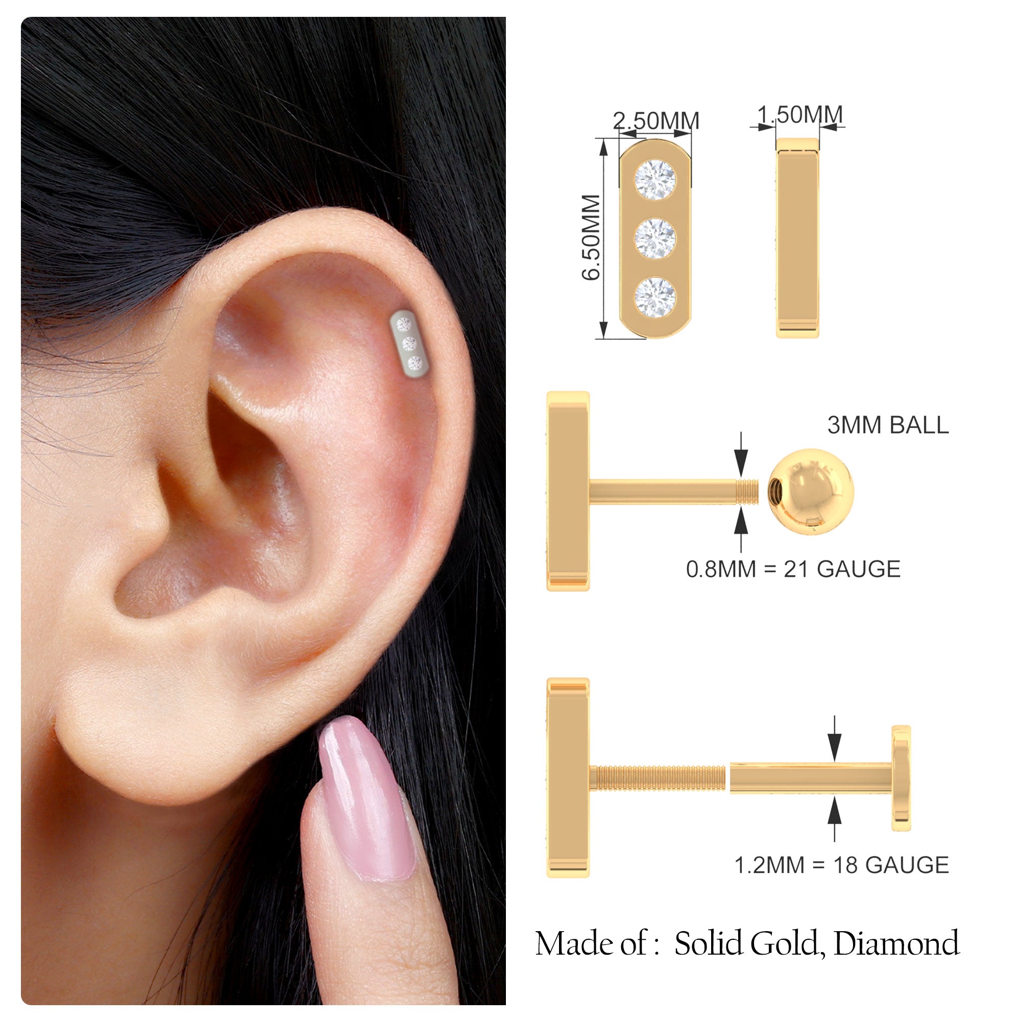 Rosec Jewels-Real Diamond Three Stone Tragus Earring with Gold Bar