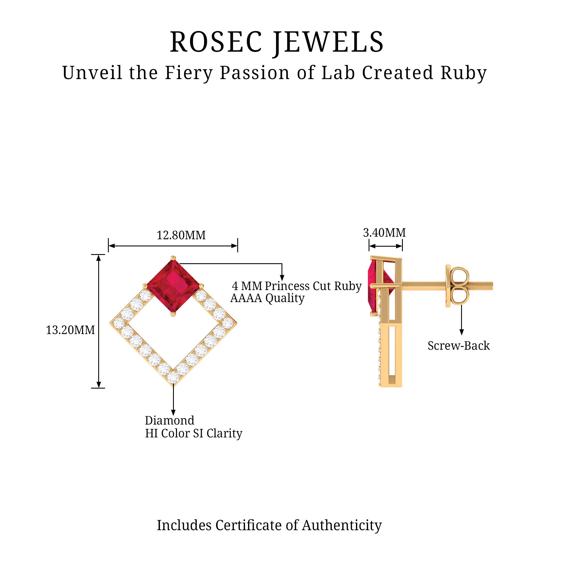 Princess Cut Created Ruby and Diamond Square Stud Earrings in Gold Lab Created Ruby - ( AAAA ) - Quality - Rosec Jewels