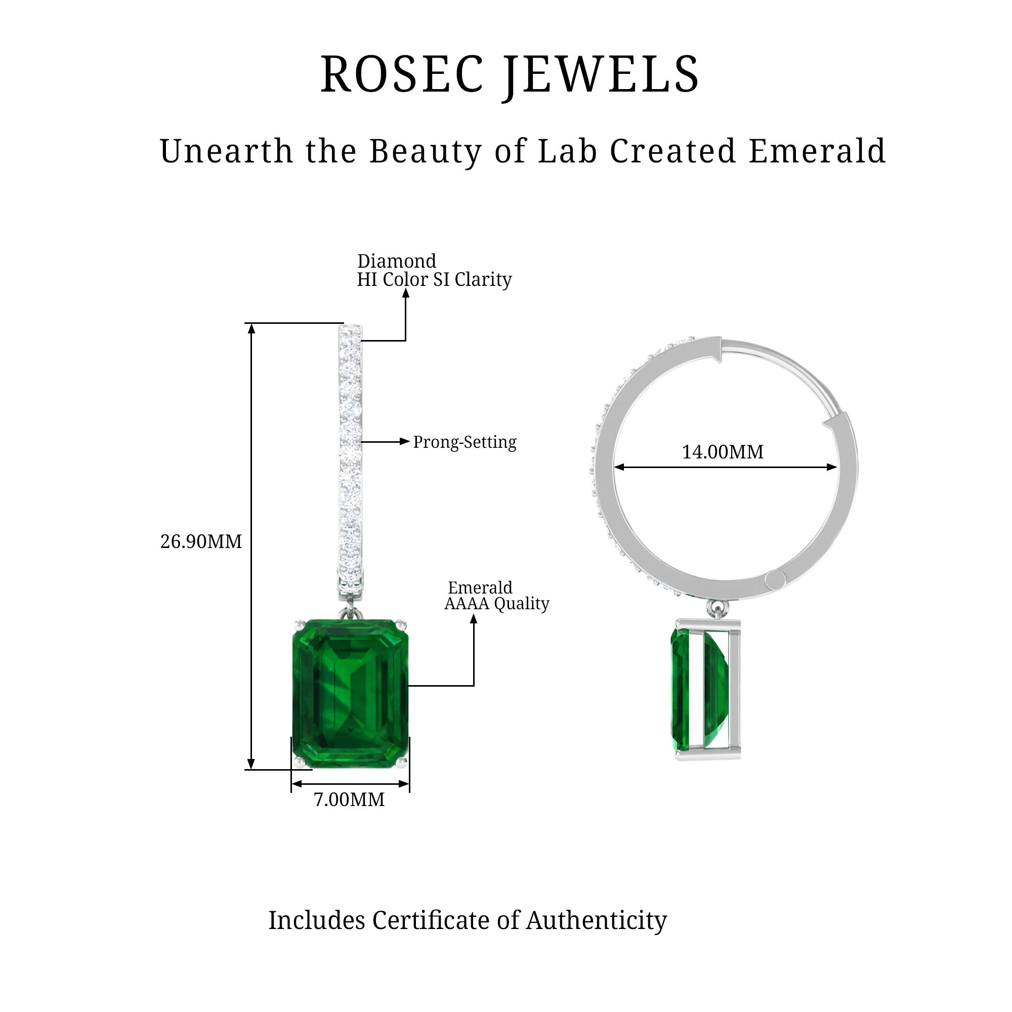 5 CT Octagon Cut Created Emerald Hoop Drop Earrings with Diamond Lab Created Emerald - ( AAAA ) - Quality - Rosec Jewels