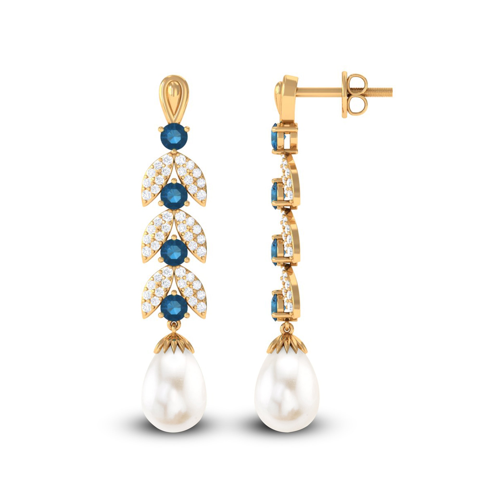 Freshwater Pearl and London Blue Topaz Drop Earrings with Moissanite Freshwater Pearl - ( AAA ) - Quality - Rosec Jewels