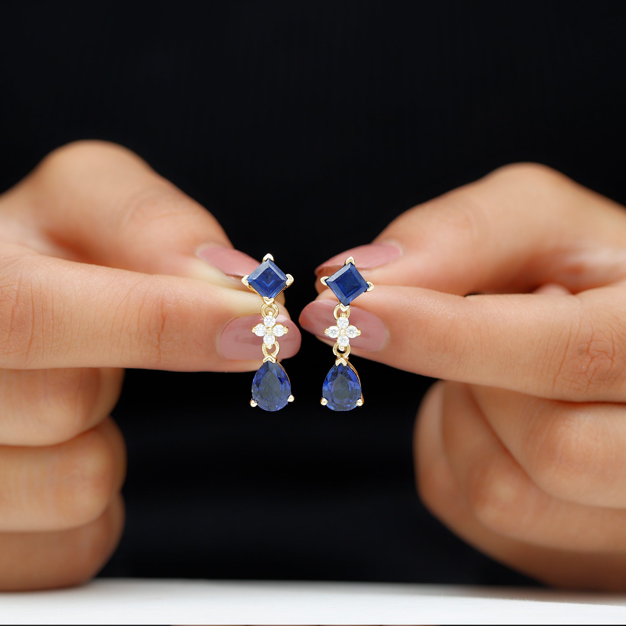 4.75 CT Created Blue Sapphire Stud Drop Earrings with Moissanite Lab Created Blue Sapphire - ( AAAA ) - Quality - Rosec Jewels