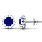 Designer Created Blue Sapphire and Diamond Halo Stud Earrings Lab Created Blue Sapphire - ( AAAA ) - Quality - Rosec Jewels