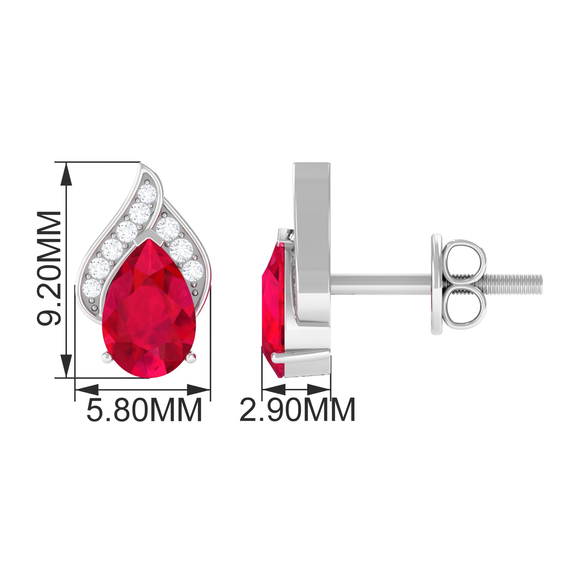 1 CT Teardrop Stud Earrings with Lab Grown Ruby and Diamond Lab Created Ruby - ( AAAA ) - Quality - Rosec Jewels