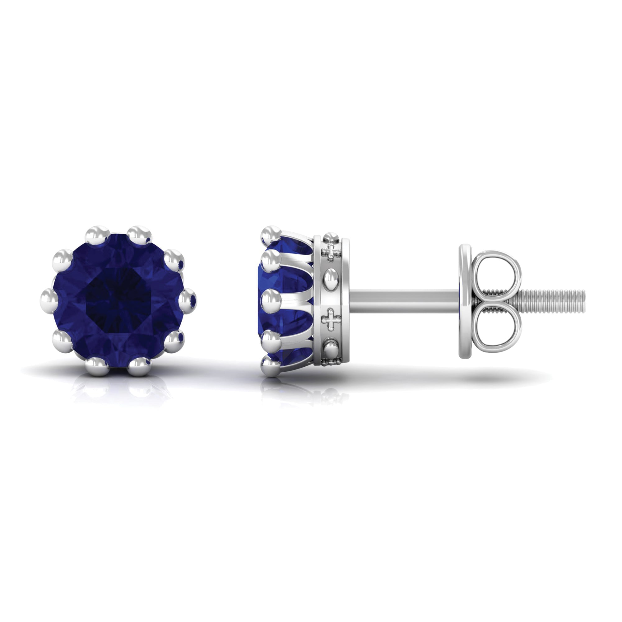 2 CT Blue Sapphire Solitaire Stud Earrings in Crown Setting Blue Sapphire - ( AAA ) - Quality - Rosec Jewels