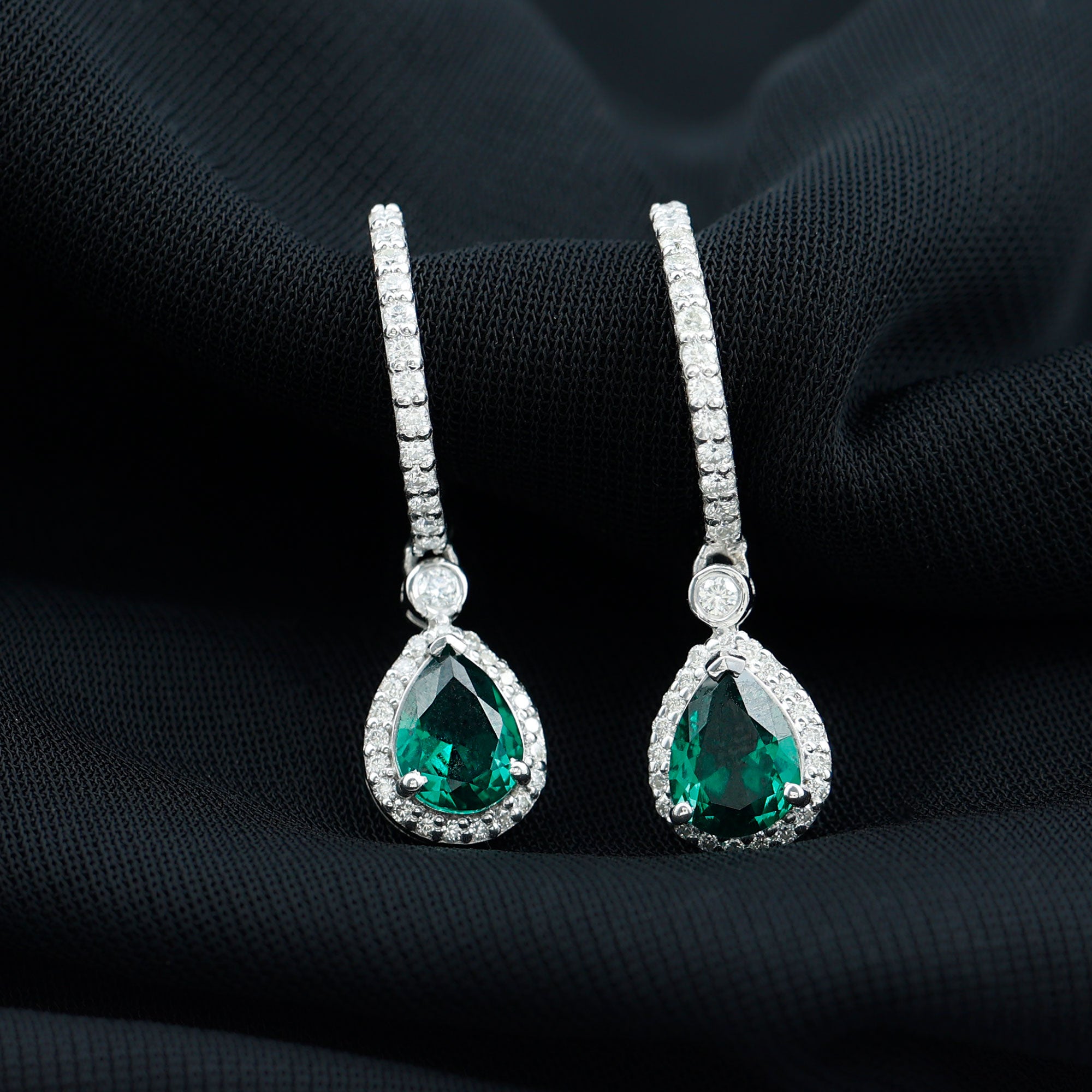 2.75 CT Silver Dangle Hoop Earrings with Created Emerald and Moissanite Halo - Rosec Jewels