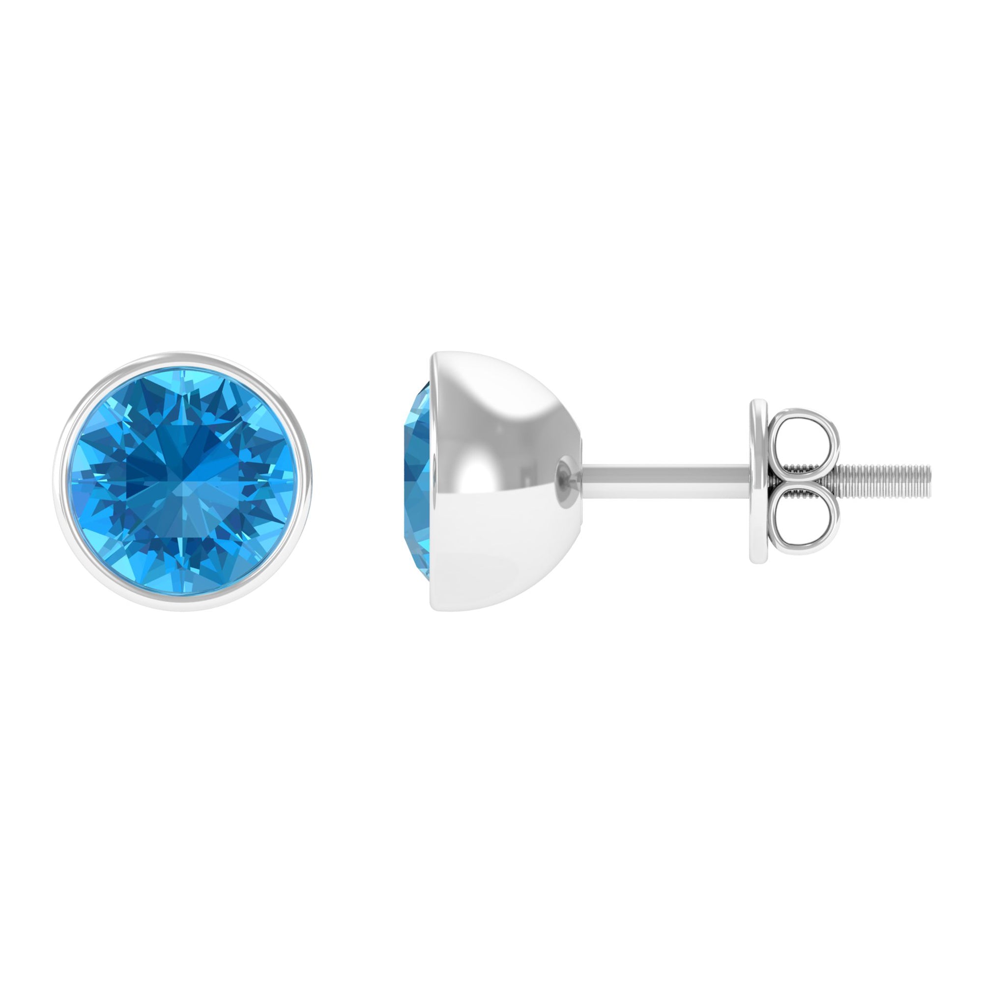 Round Swiss Blue Topaz Solitaire Stud Earrings in Bezel Setting Swiss Blue Topaz - ( AAA ) - Quality - Rosec Jewels