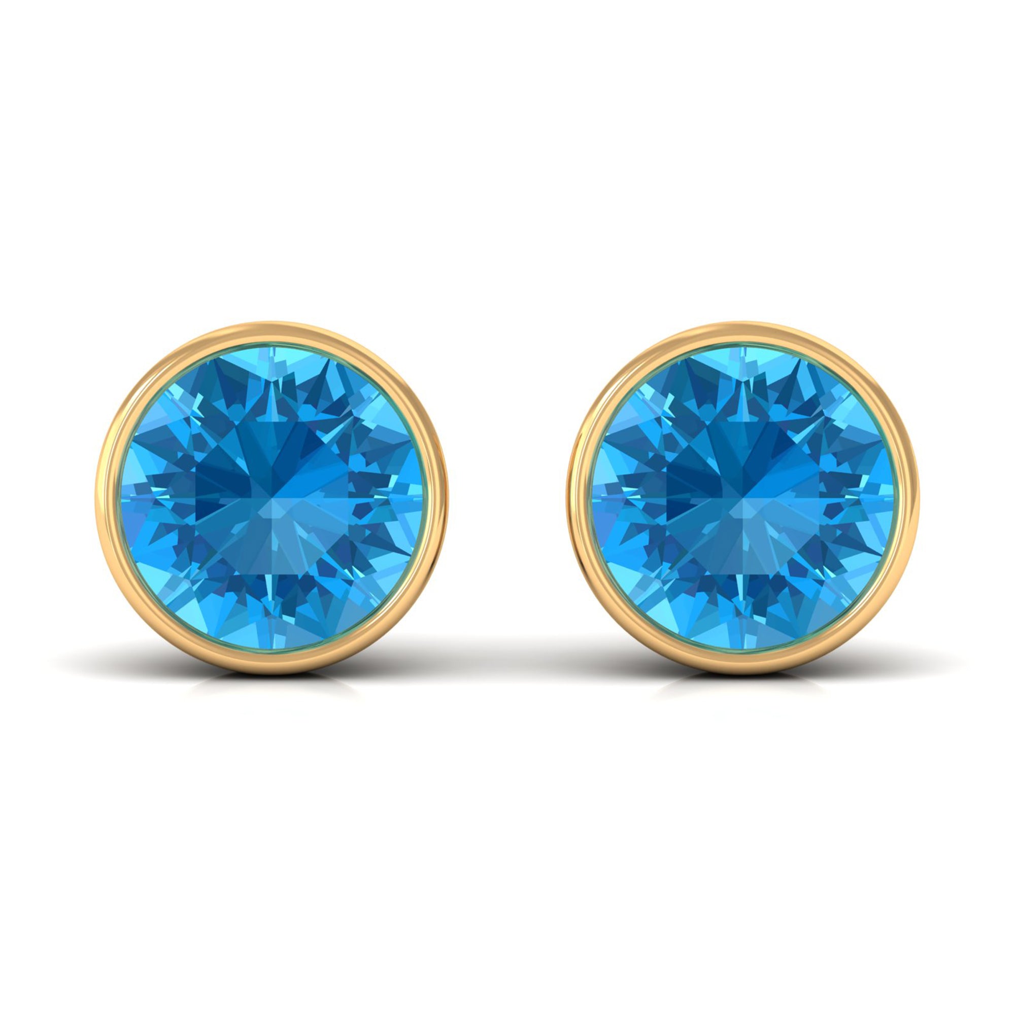 Round Swiss Blue Topaz Solitaire Stud Earrings in Bezel Setting Swiss Blue Topaz - ( AAA ) - Quality - Rosec Jewels