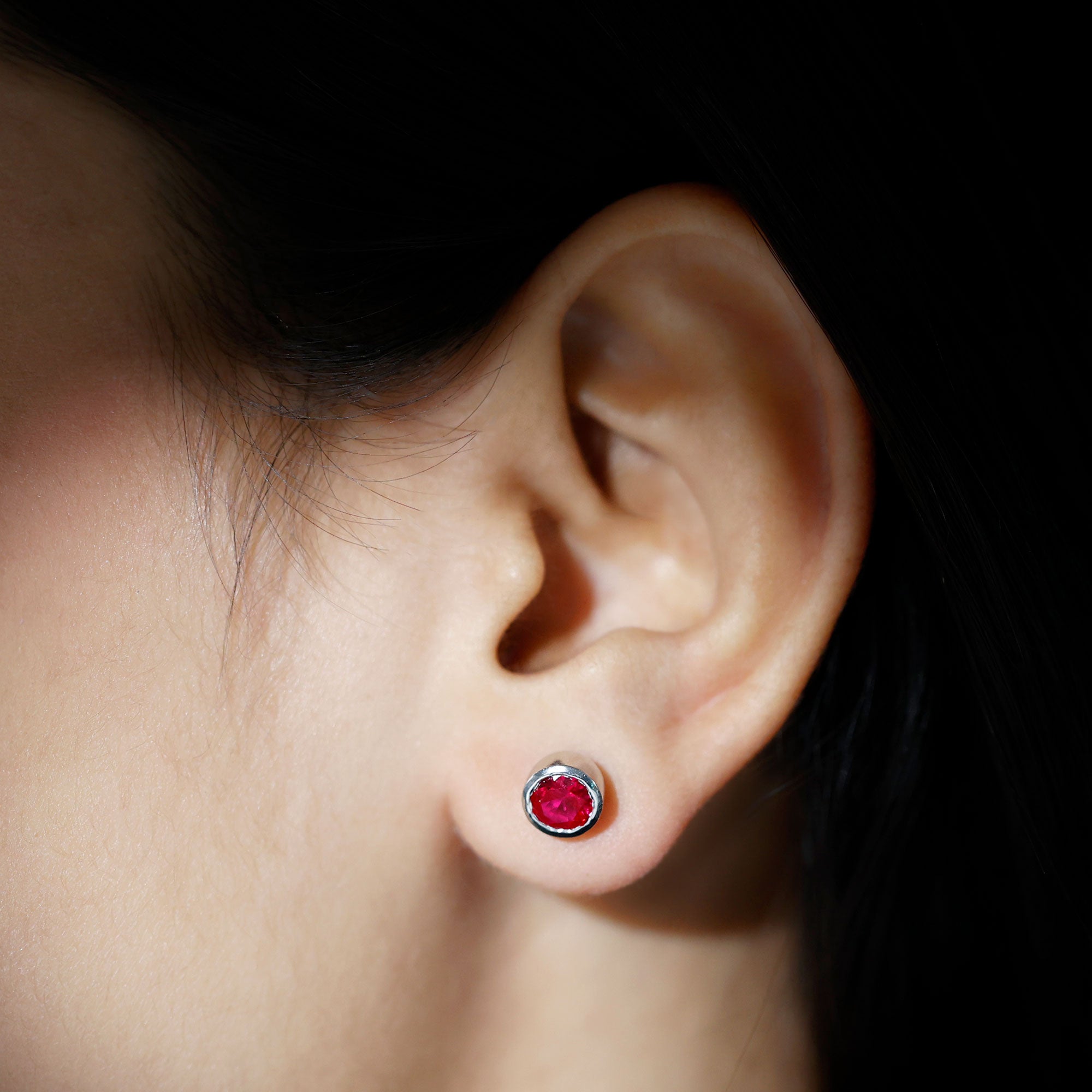 Rosec Jewels-Created Ruby Solitaire Stud Earrings in Bezel Setting