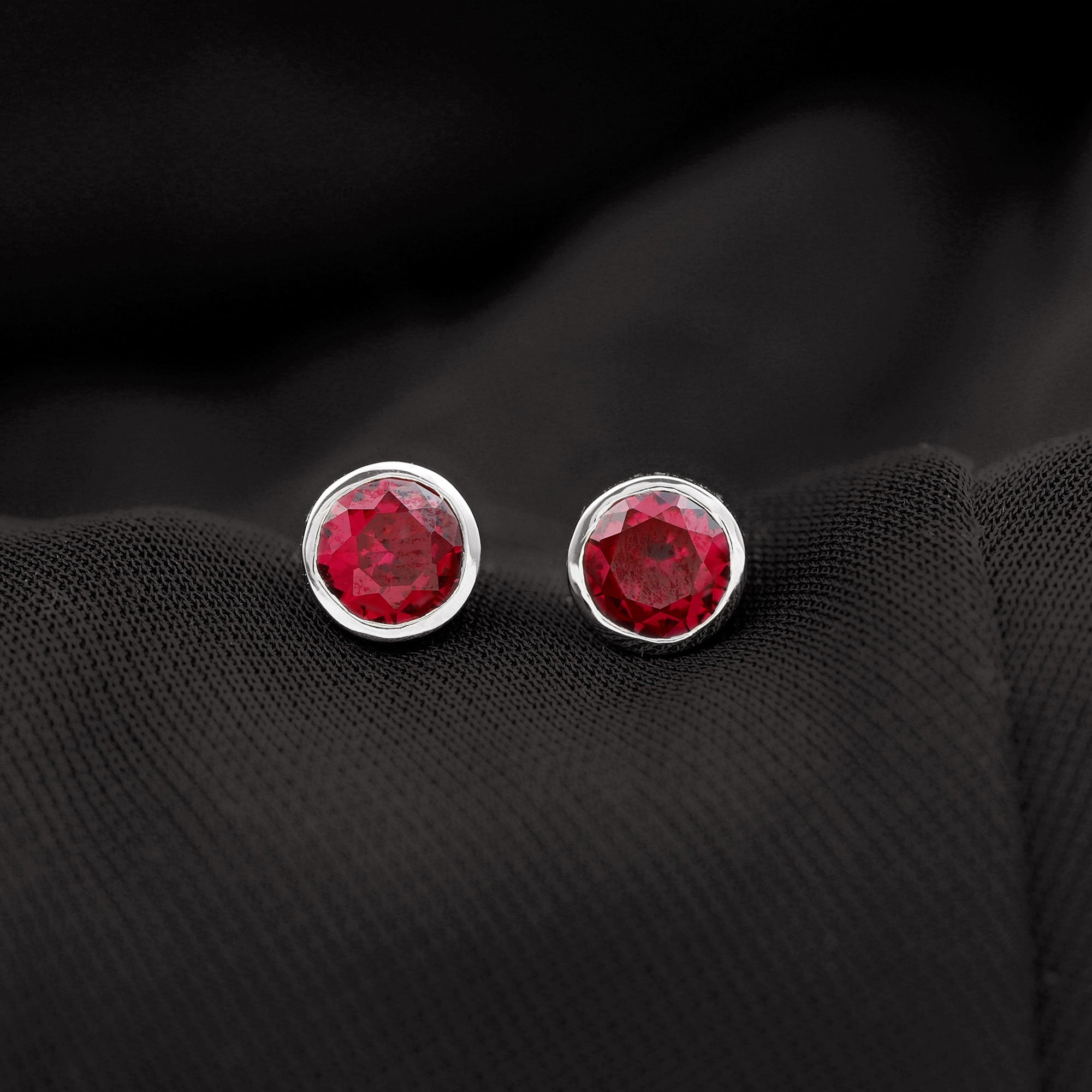 Created Ruby Solitaire Silver Stud Earrings in Bezel Setting Lab Created Ruby - ( AAAA ) - Quality 92.5 Sterling Silver - Rosec Jewels