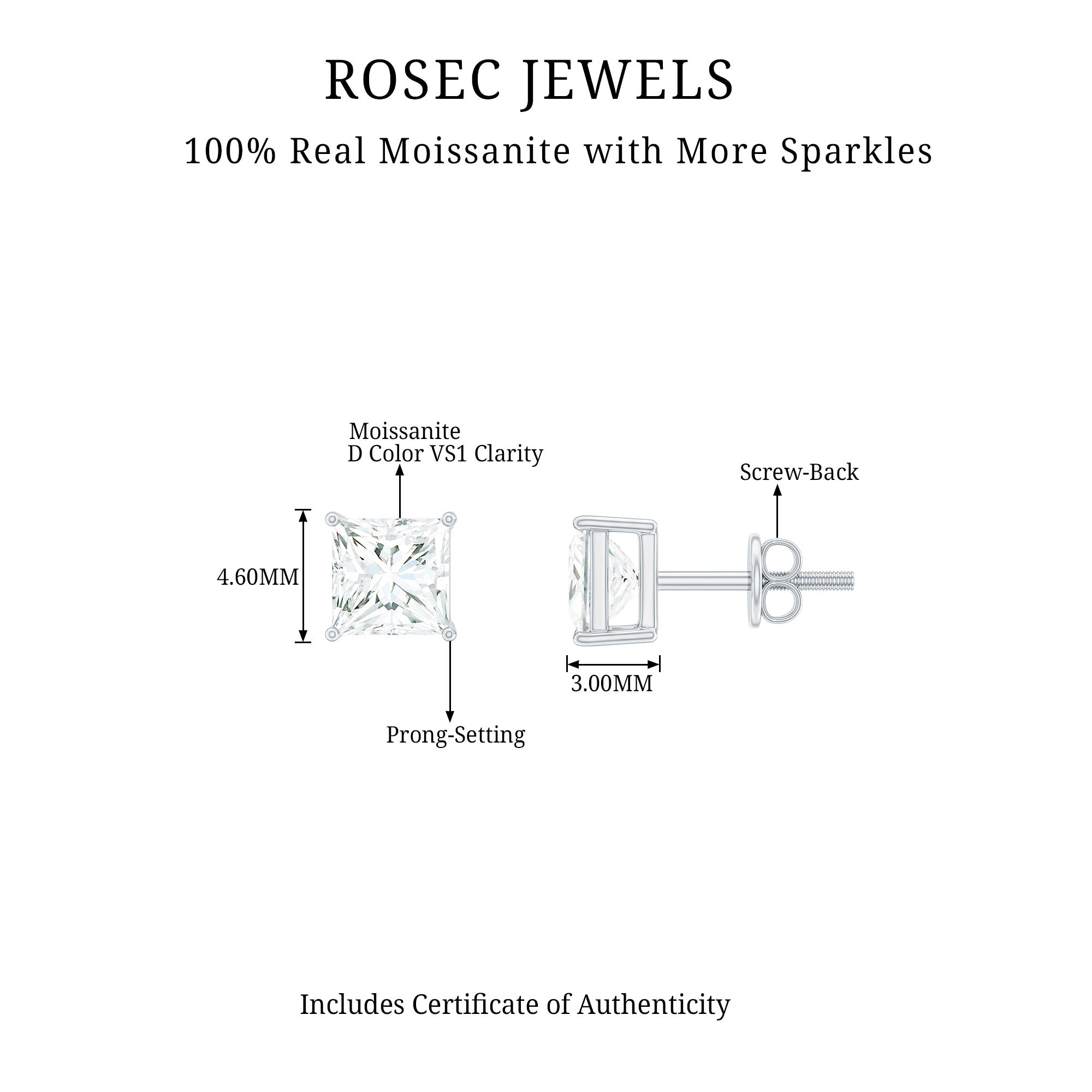 3/4 CT Princess Cut Moissanite Solitaire Stud Earrings for Women Moissanite - ( D-VS1 ) - Color and Clarity - Rosec Jewels