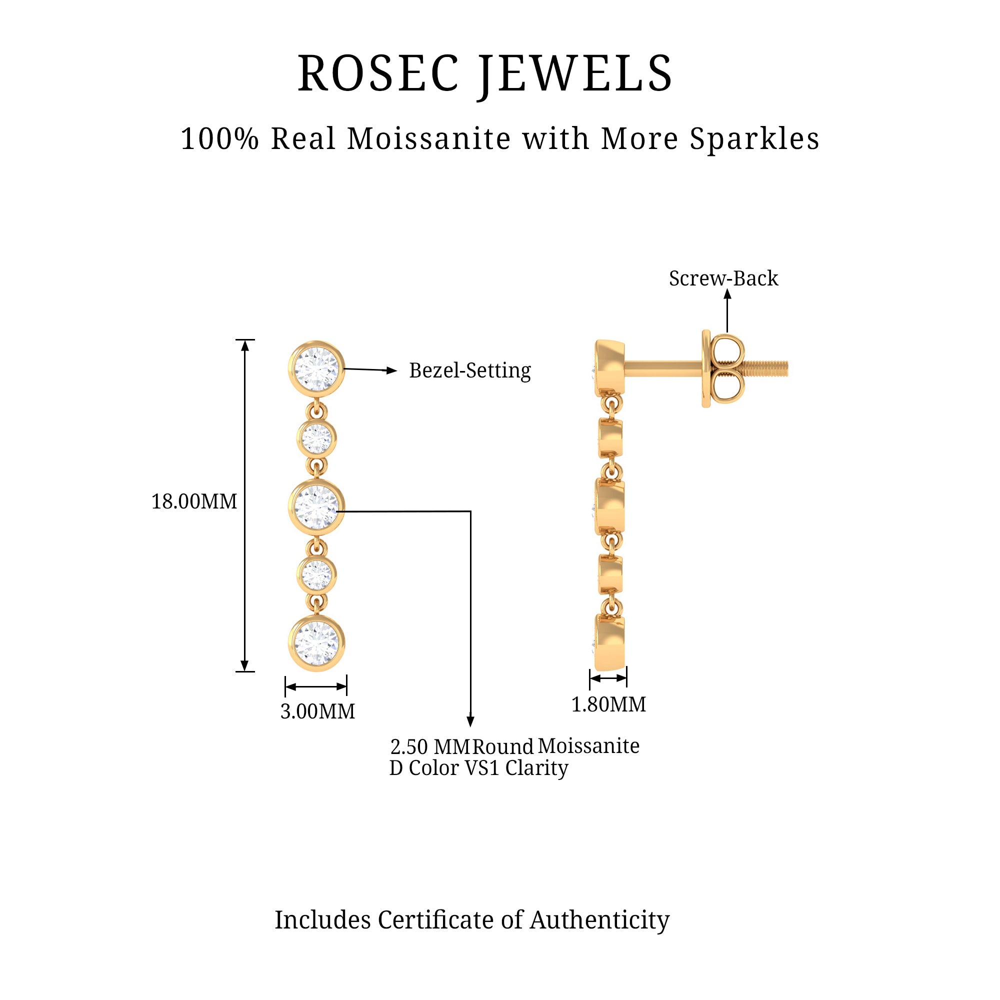 3/4 CT Certified Moissanite Gold Dangle Earrings in Bezel Setting Moissanite - ( D-VS1 ) - Color and Clarity - Rosec Jewels