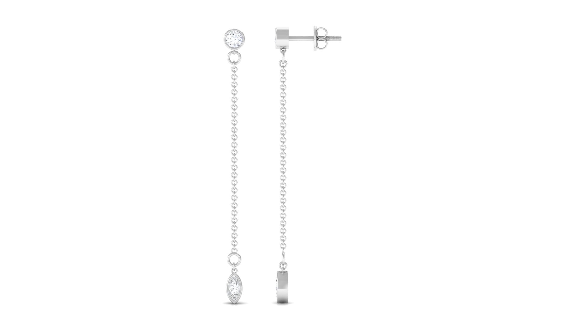 Bezel Set Zircon Long Chain Dangle Drop Silver Earrings - Rosec Jewels