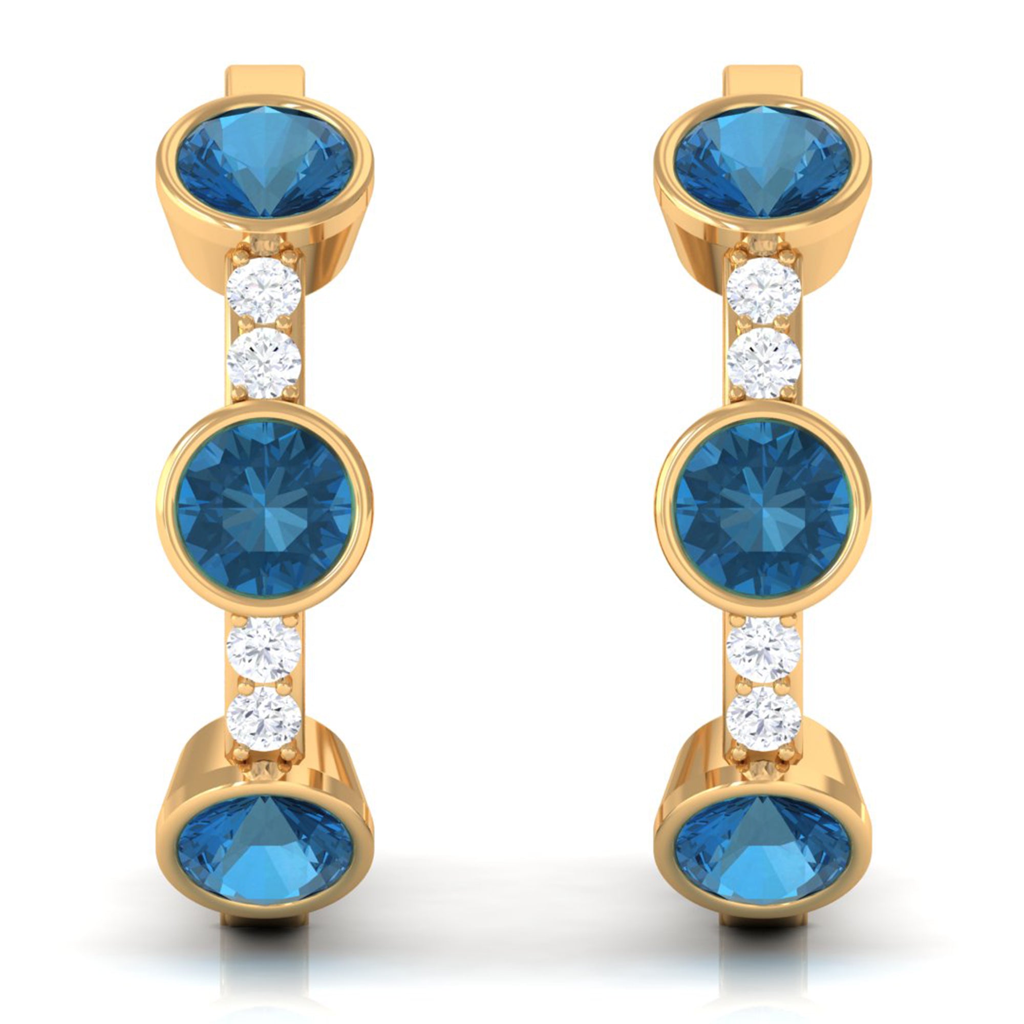 Bezel Set London Blue Topaz 3 Stone Hinged Hoop Earrings with Diamond London Blue Topaz - ( AAA ) - Quality - Rosec Jewels