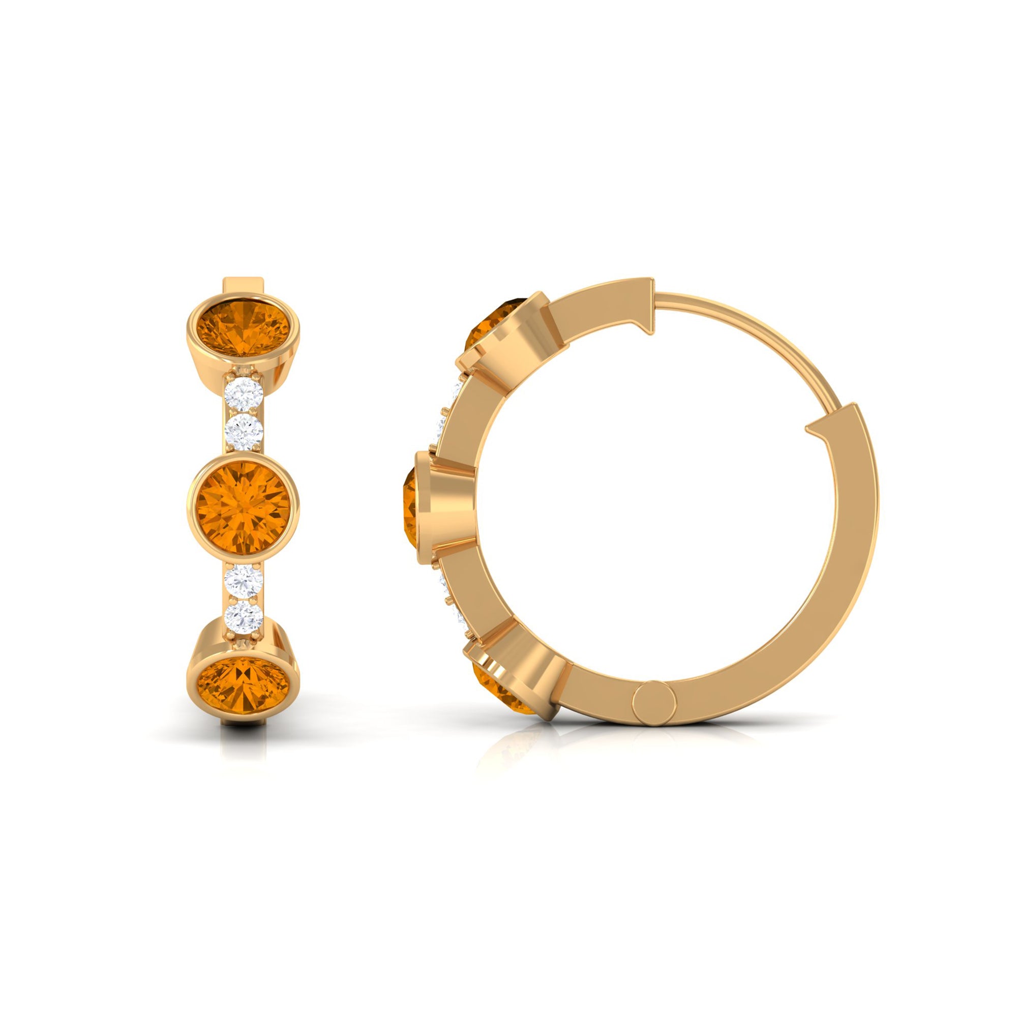 Bezel Set Citrine 3 Stone Hinged Hoop Earrings with Diamond Citrine - ( AAA ) - Quality - Rosec Jewels