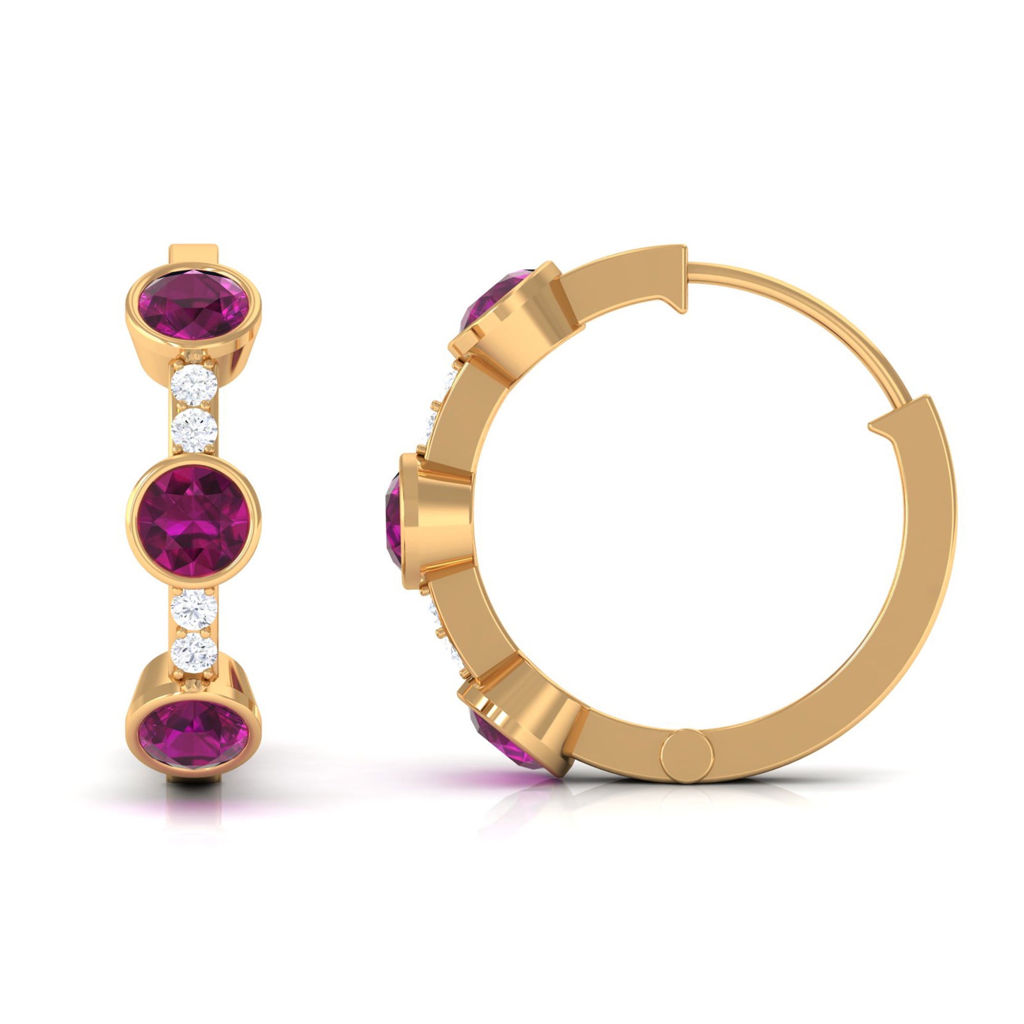 Bezel Set Rhodolite 3 Stone Hinged Hoop Earrings with Diamond Rhodolite - ( AAA ) - Quality - Rosec Jewels