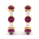 Bezel Set Rhodolite 3 Stone Hinged Hoop Earrings with Diamond Rhodolite - ( AAA ) - Quality - Rosec Jewels