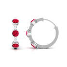 Bezel Set Created Ruby 3 Stone Hinged Hoop Earrings with Diamond Lab Created Ruby - ( AAAA ) - Quality - Rosec Jewels