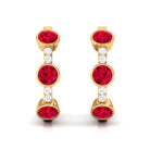 Bezel Set Created Ruby 3 Stone Hinged Hoop Earrings with Diamond Lab Created Ruby - ( AAAA ) - Quality - Rosec Jewels