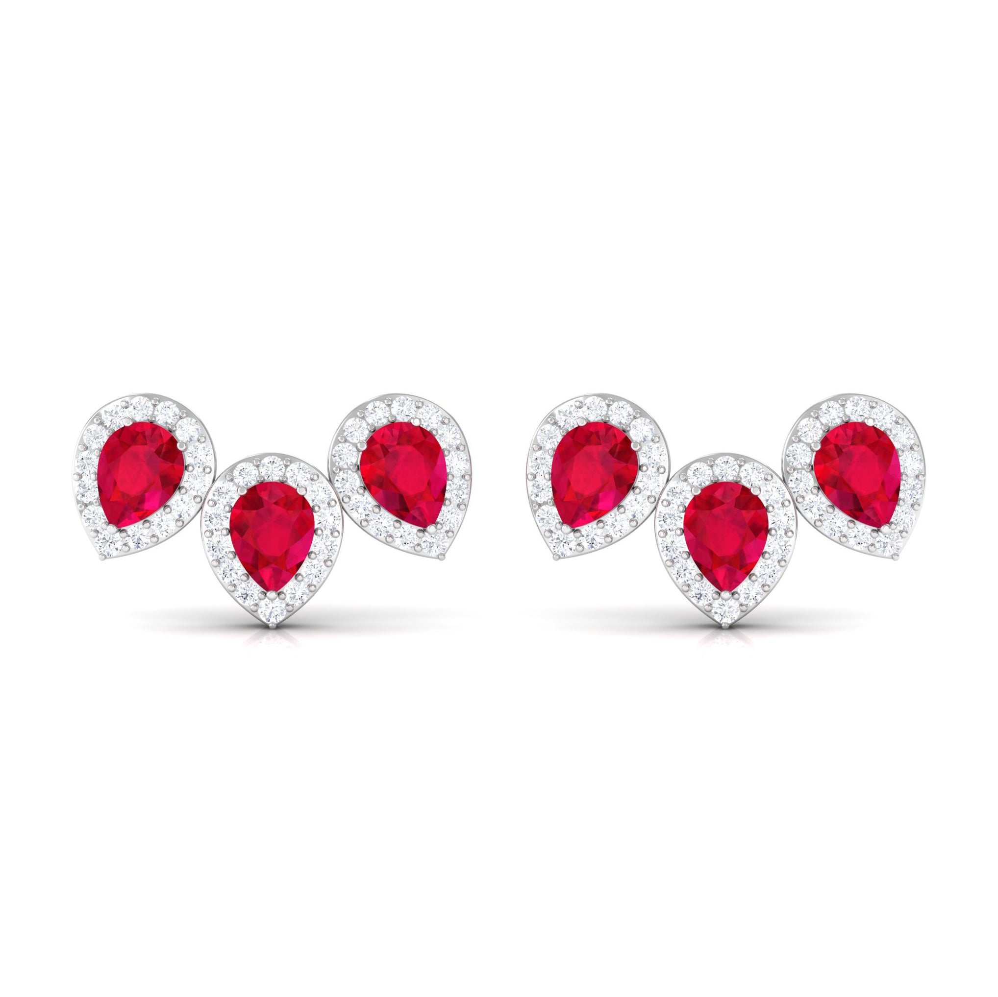 Pear Cut Created Ruby 3 Stone Stud Earring with Diamond Halo Lab Created Ruby - ( AAAA ) - Quality - Rosec Jewels