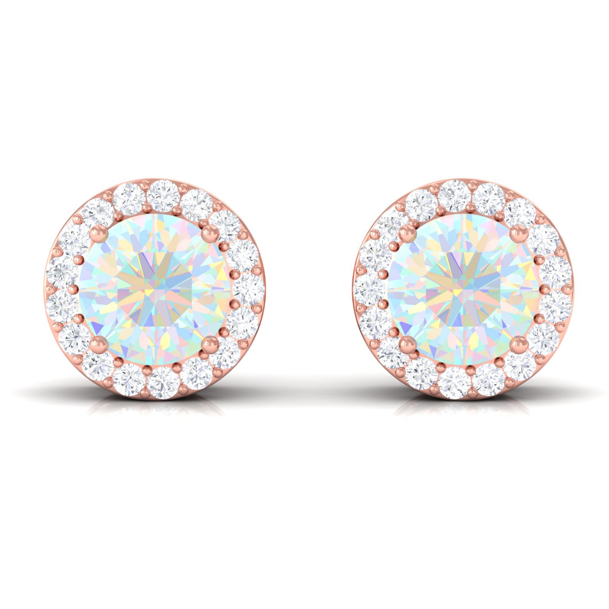 2 CT Round Ethiopian Opal Minimal Stud Earrings with Diamond Halo in Prong Setting Ethiopian Opal - ( AAA ) - Quality - Rosec Jewels