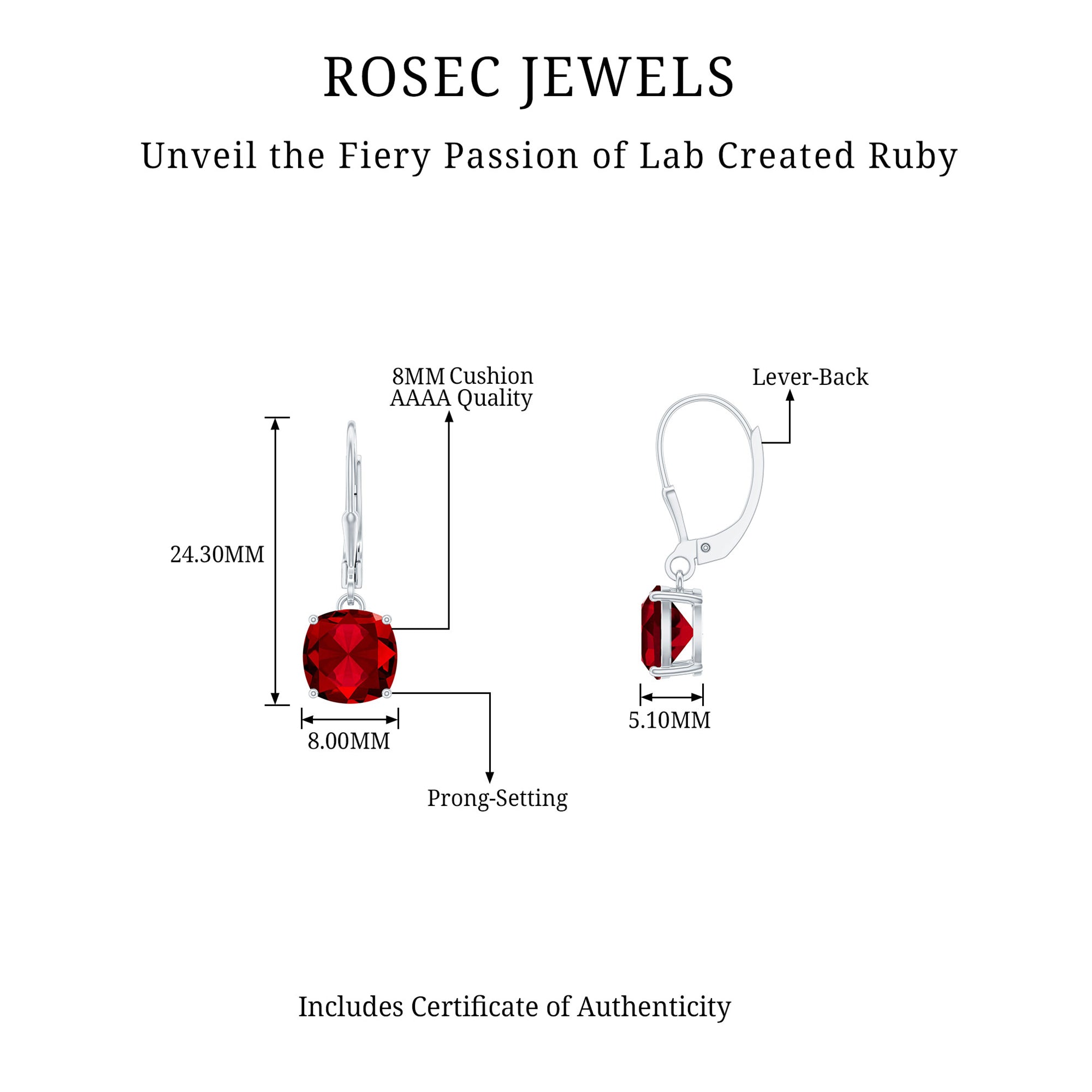 Cushion Cut Solitaire Created Ruby Drop Earrings in Silver Lab Created Ruby - ( AAAA ) - Quality 92.5 Sterling Silver - Rosec Jewels