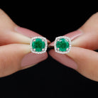 Classic Created Emerald Halo Silver Stud Earrings with Moissanite Lab Created Emerald - ( AAAA ) - Quality 92.5 Sterling Silver - Rosec Jewels