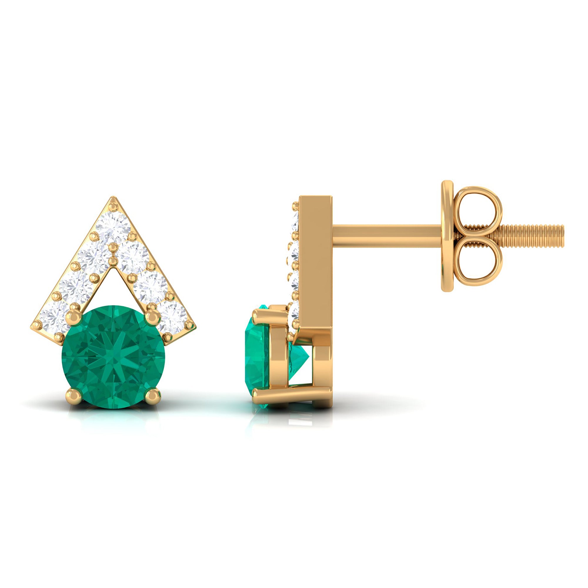 Emerald and Diamond Contemporary Stud Earrings Emerald - ( AAA ) - Quality - Rosec Jewels