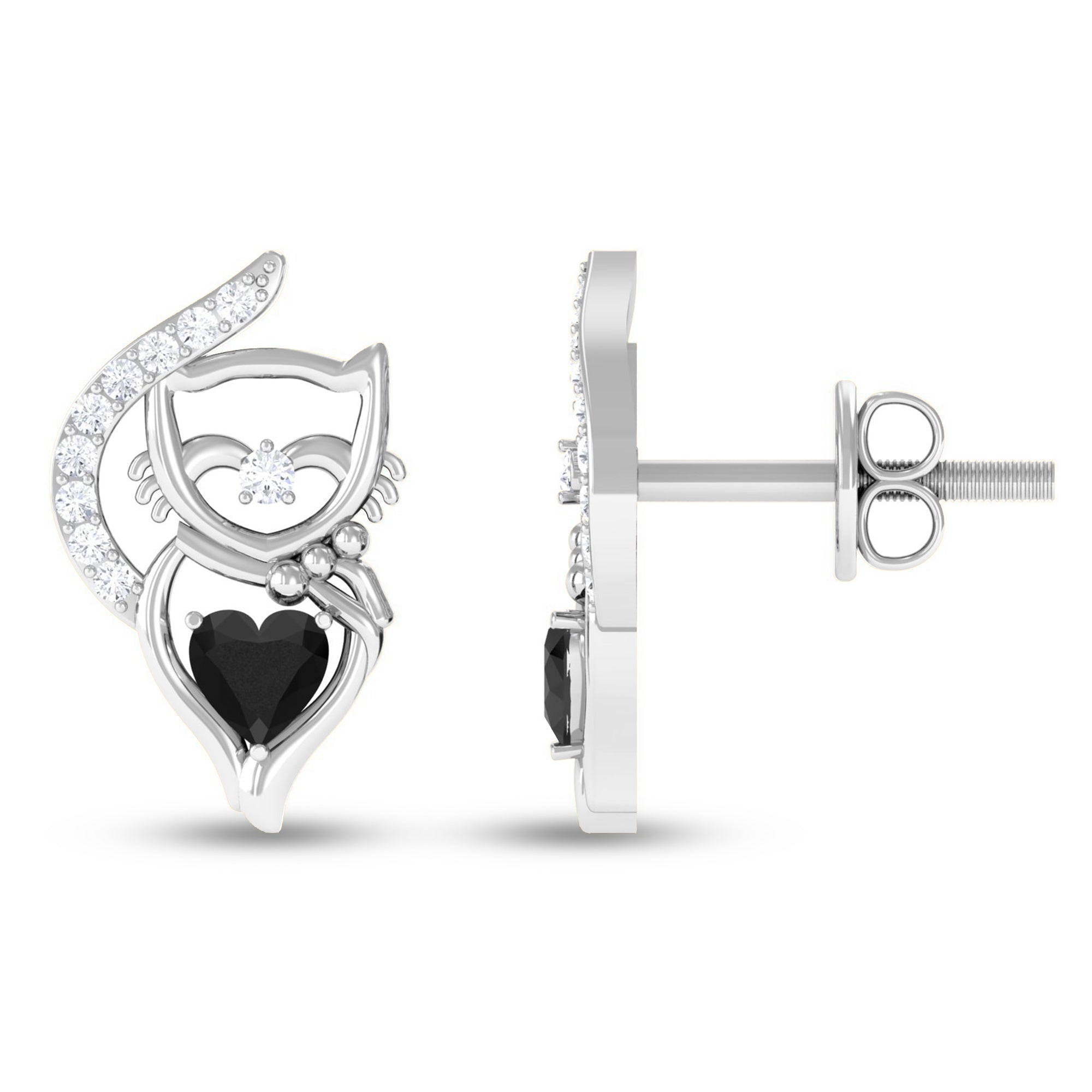 Heart Shape Created Black Diamond and Diamond Cute Cat Stud Earrings Lab Created Black Diamond - ( AAAA ) - Quality - Rosec Jewels