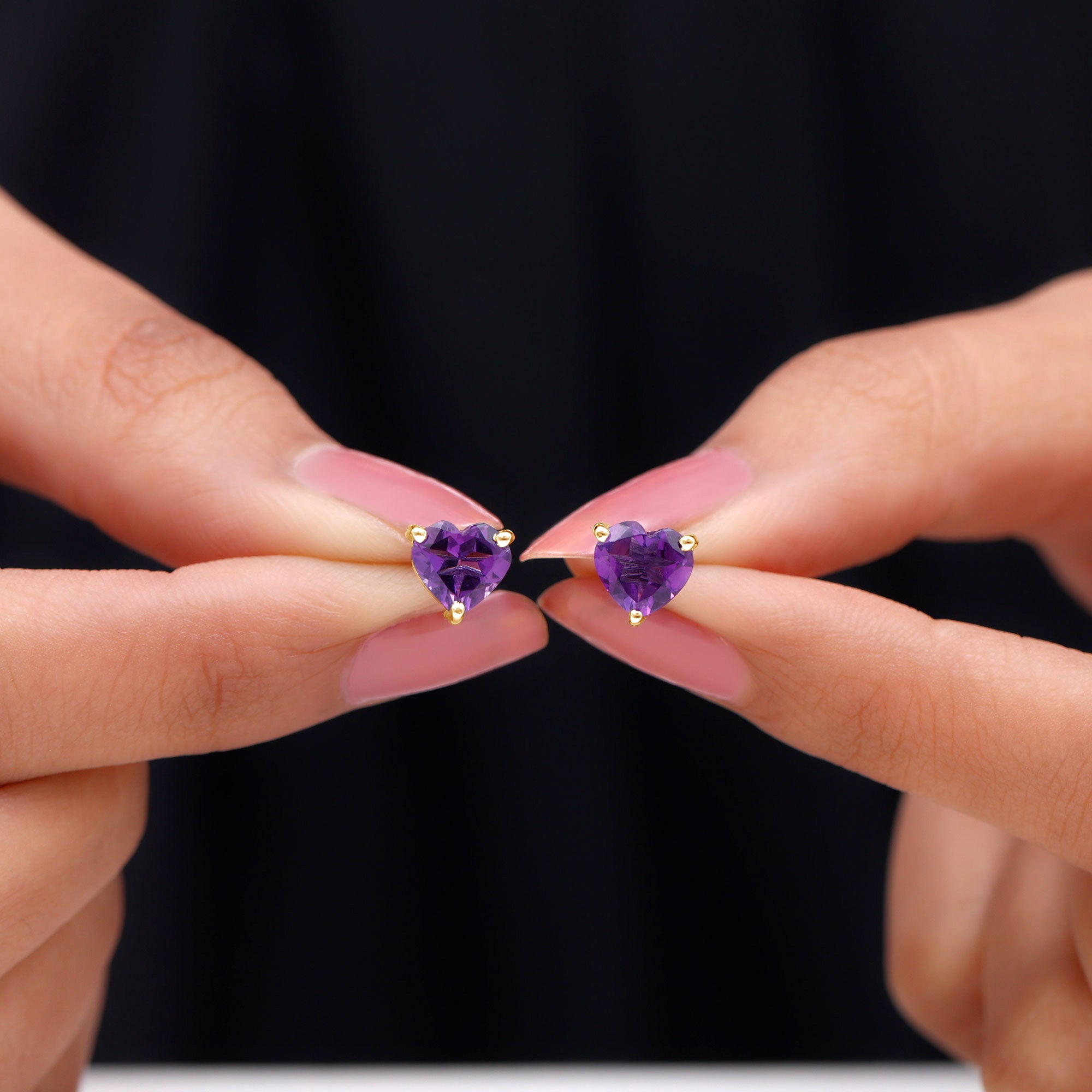 3 CT Heart Shape Amethyst Solitaire Stud Earrings in Gold Amethyst - ( AAA ) - Quality - Rosec Jewels