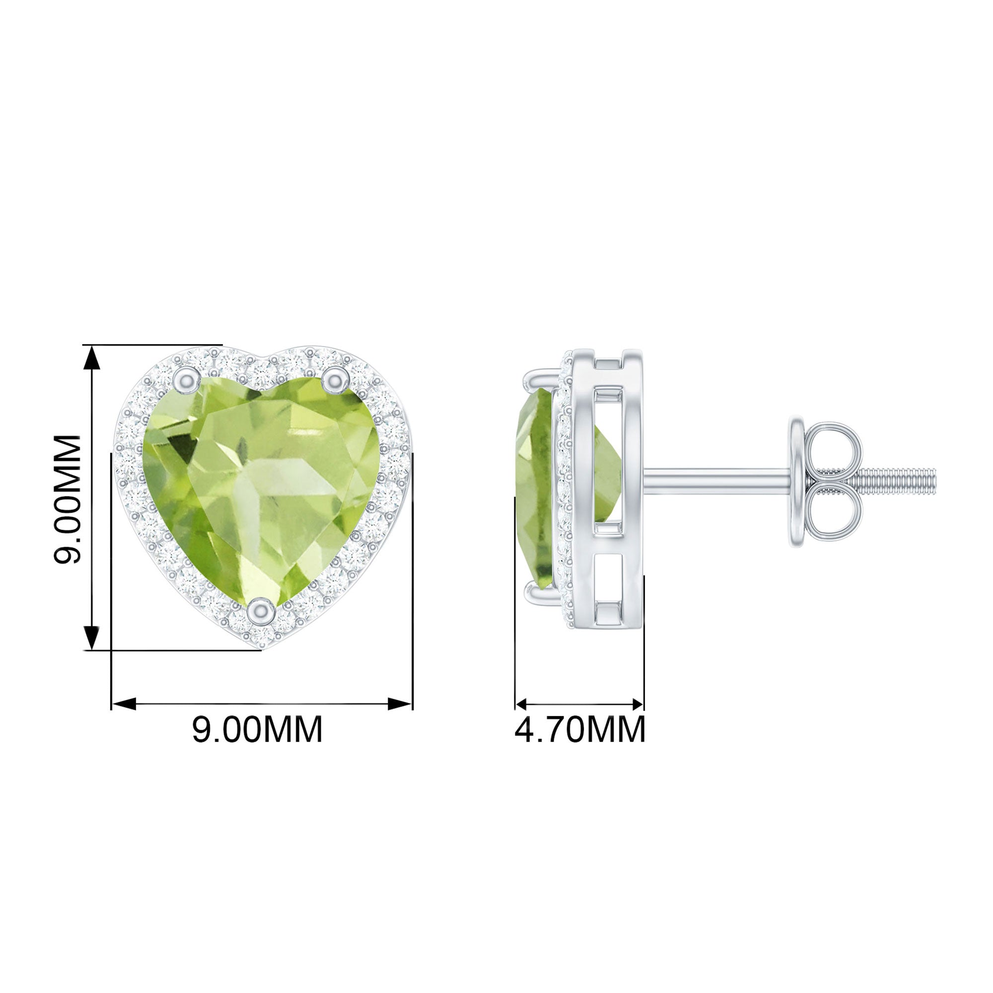 4.50 CT Halo Stud Earrings with Heart Shaped Peridot and Moissanite Peridot - ( AAA ) - Quality - Rosec Jewels