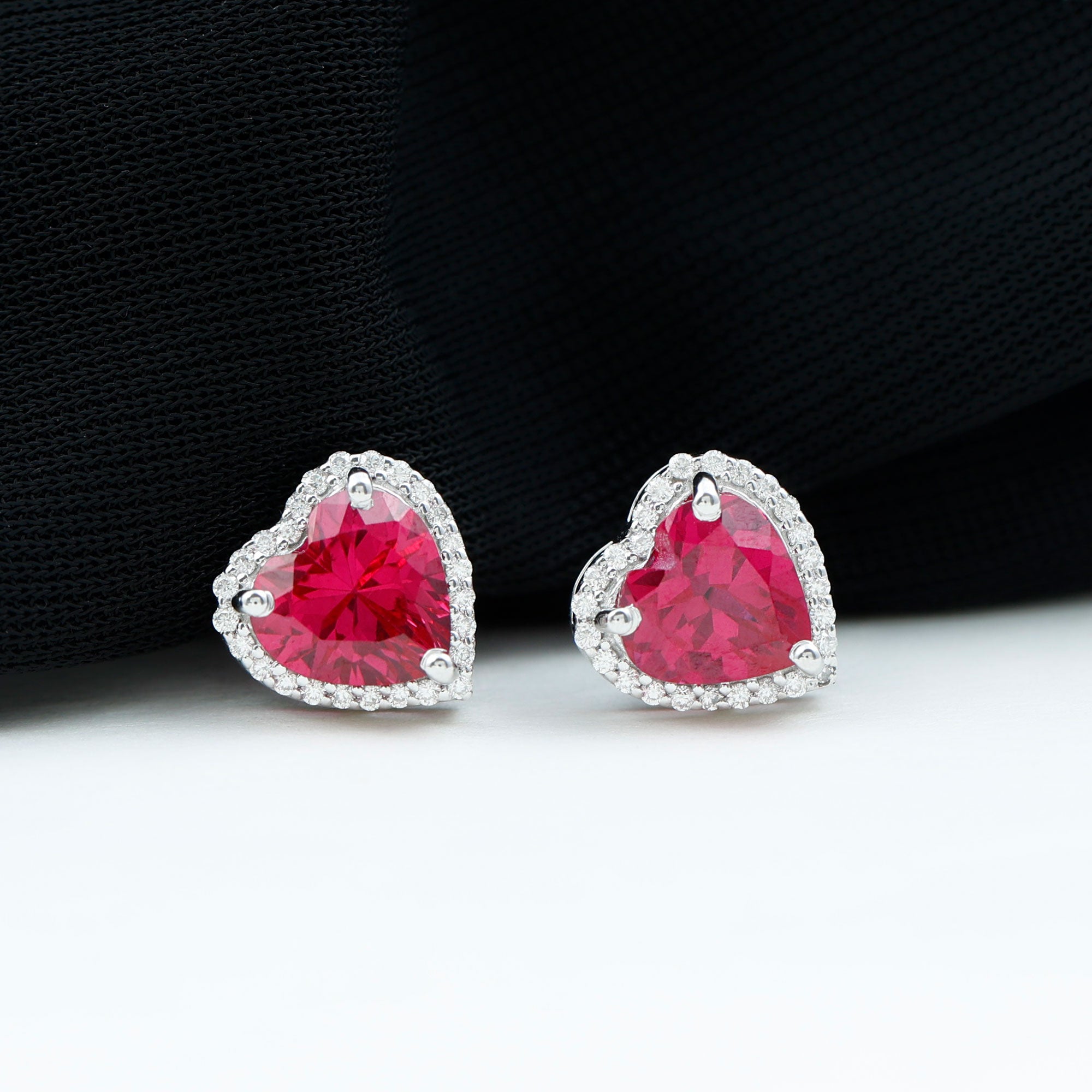 Created Ruby Heart Stud Earrings With Moissanite Lab Created Ruby - ( AAAA ) - Quality 92.5 Sterling Silver - Rosec Jewels