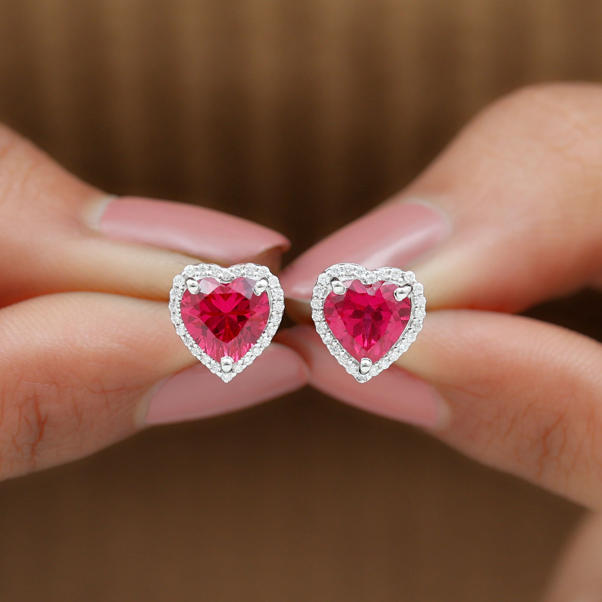 Created Ruby Heart Stud Earrings With Moissanite Lab Created Ruby - ( AAAA ) - Quality 92.5 Sterling Silver - Rosec Jewels