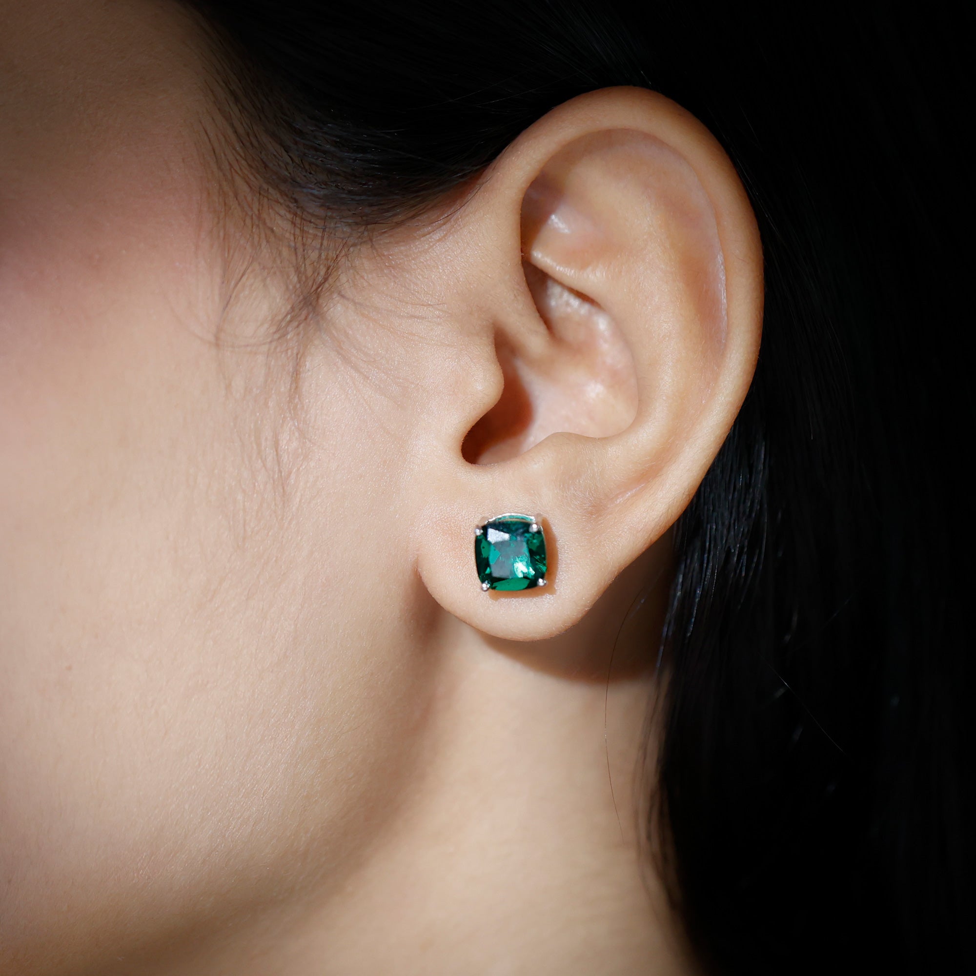 3 CT Cushion Cut Created Emerald Solitaire Stud Earring in Silver Lab Created Emerald - ( AAAA ) - Quality 92.5 Sterling Silver - Rosec Jewels