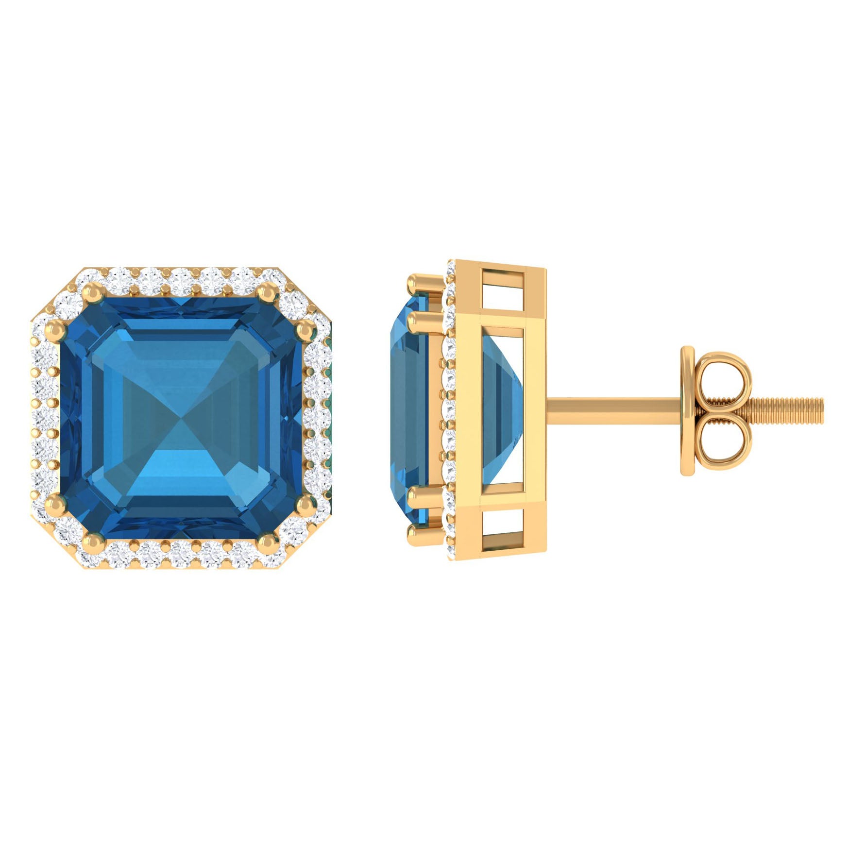 Asscher Cut London Blue Topaz and Diamond Halo Stud Earring London Blue Topaz - ( AAA ) - Quality - Rosec Jewels