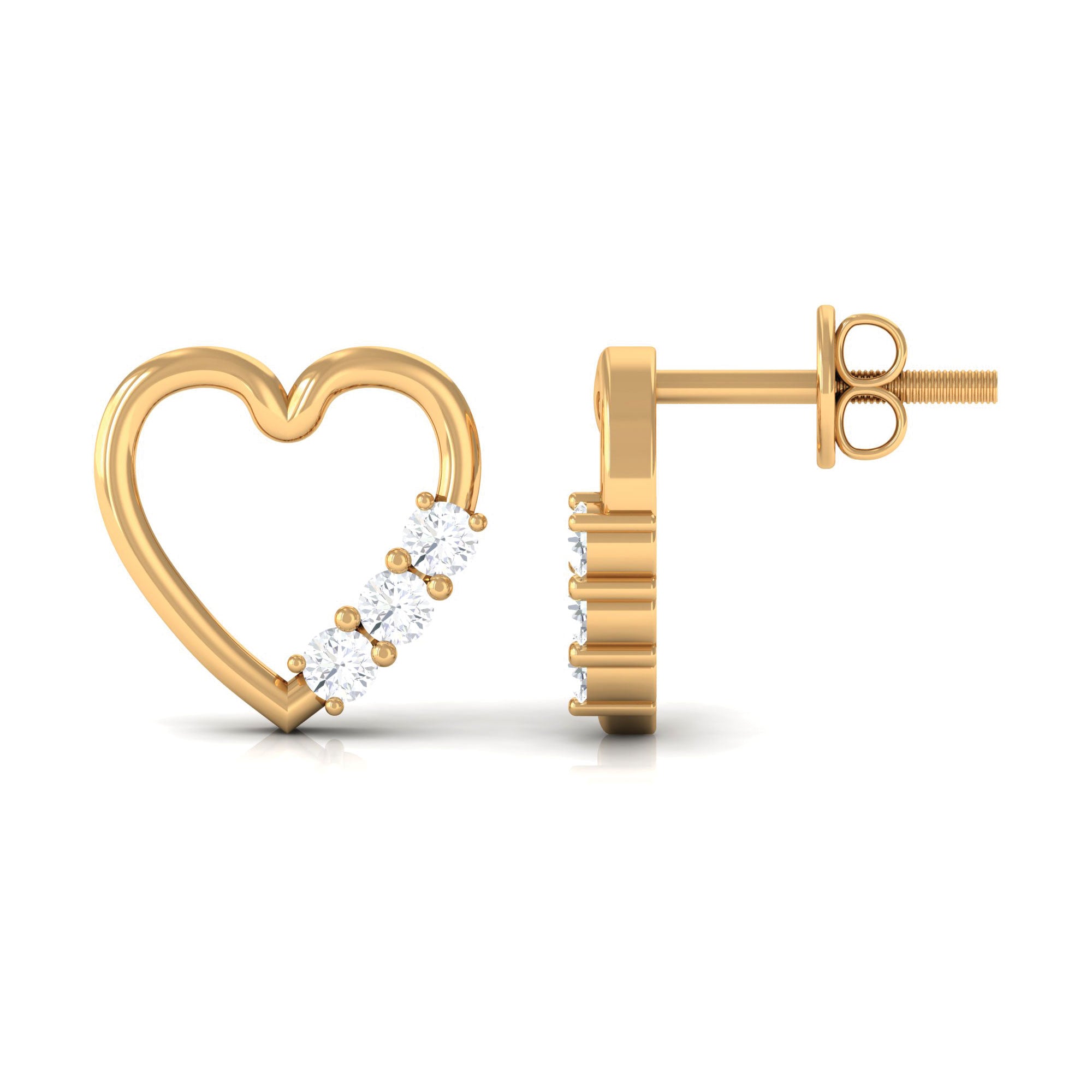 Three Stone Diamond Gold Heart Stud Earring for Women Diamond - ( HI-SI ) - Color and Clarity - Rosec Jewels