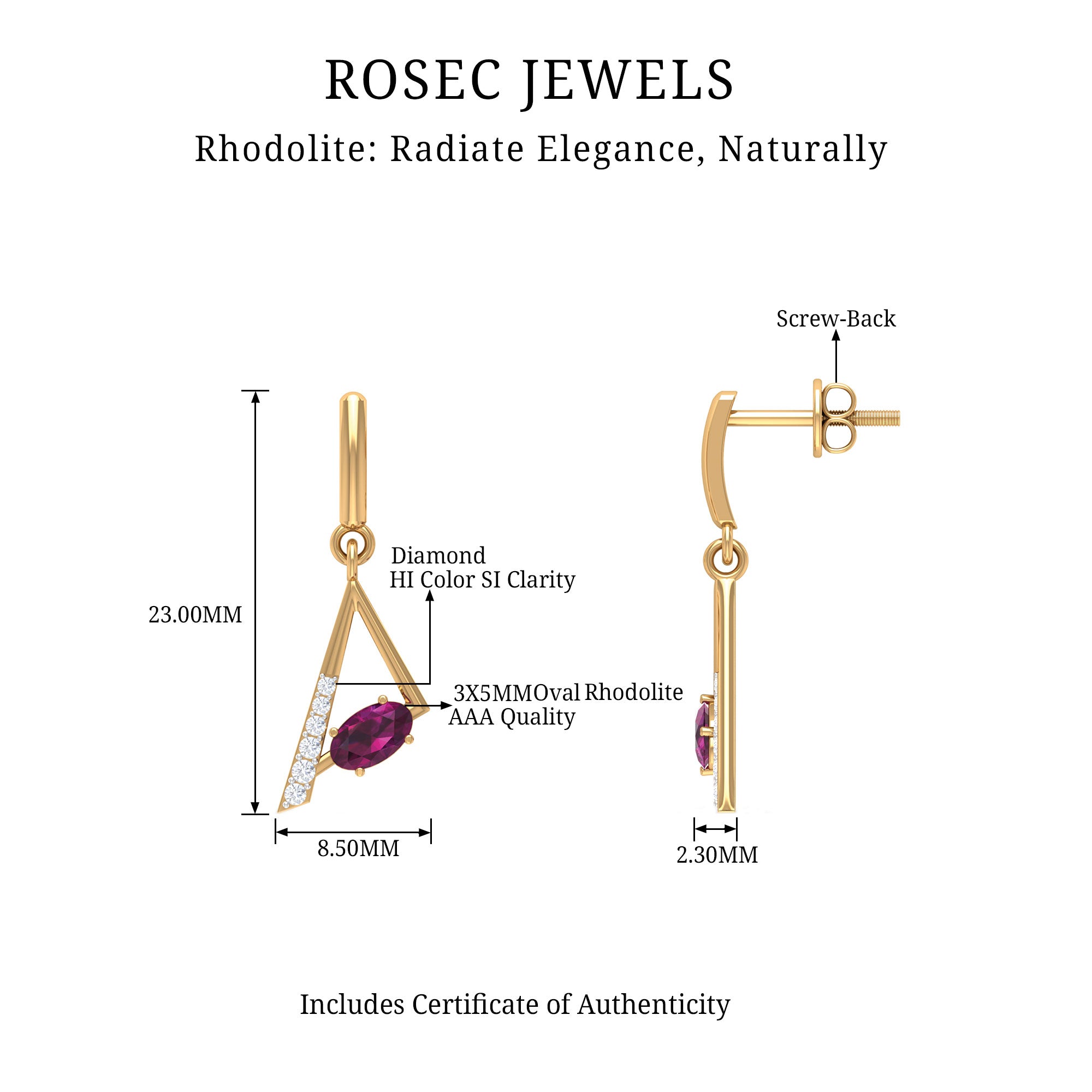 0.75 CT Rhodolite and Diamond Geometric Dangle Earrings Rhodolite - ( AAA ) - Quality - Rosec Jewels