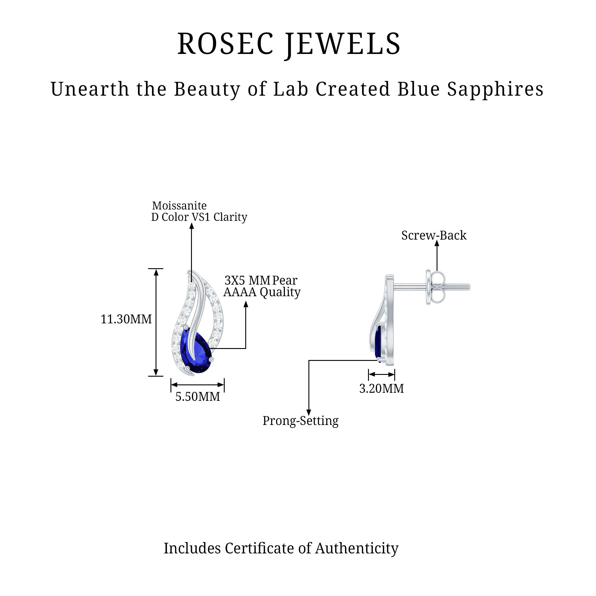 Created Blue Sapphire and Moissanite Leaf Stud Earrings in Silver Lab Created Blue Sapphire - ( AAAA ) - Quality 92.5 Sterling Silver - Rosec Jewels