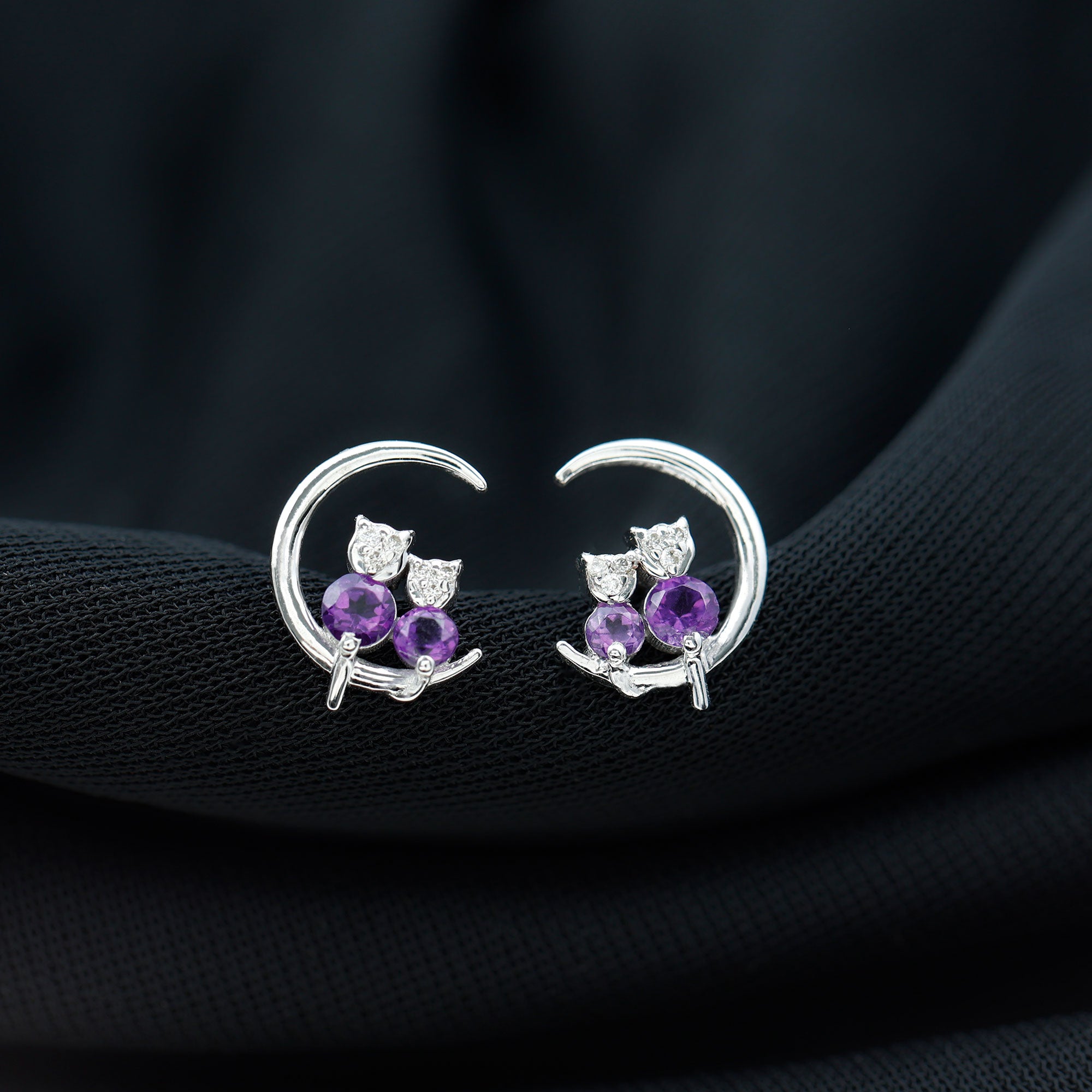 1/4 CT Amethyst and Diamond Cat on Moon Stud Earrings Amethyst - ( AAA ) - Quality - Rosec Jewels