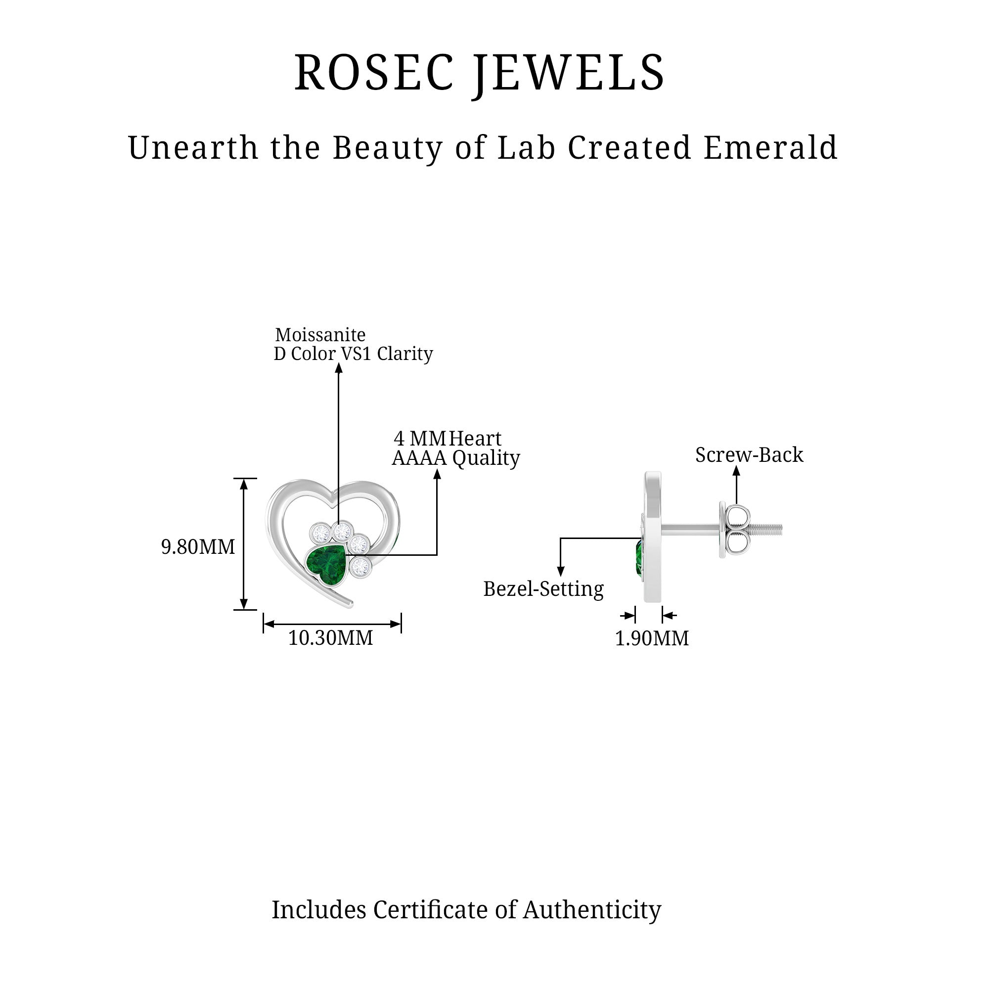 1/4 CT Created Emerald and Moissanite Silver Heart Paw Stud Earrings Lab Created Emerald - ( AAAA ) - Quality 92.5 Sterling Silver - Rosec Jewels