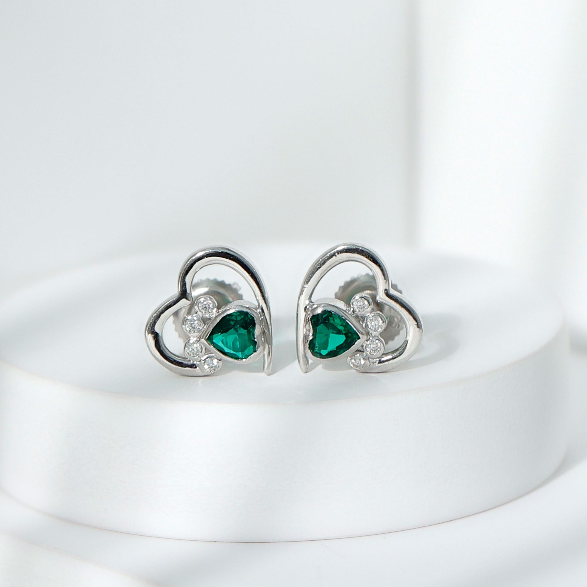 1/4 CT Created Emerald and Moissanite Silver Heart Paw Stud Earrings Lab Created Emerald - ( AAAA ) - Quality 92.5 Sterling Silver - Rosec Jewels