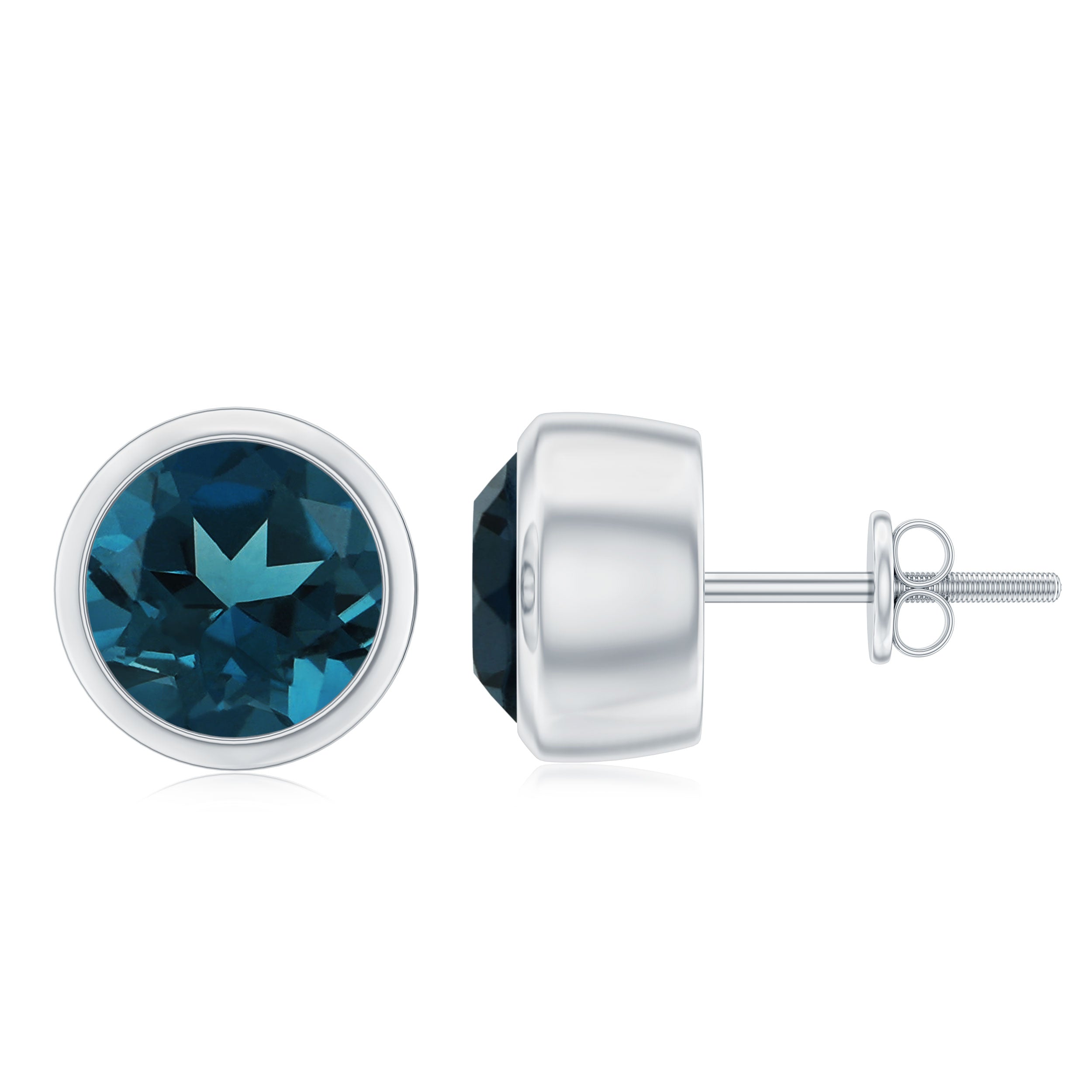 8 MM Round Cut London Blue Topaz Solitaire Stud Earrings in Bezel Setting London Blue Topaz - ( AAA ) - Quality - Rosec Jewels