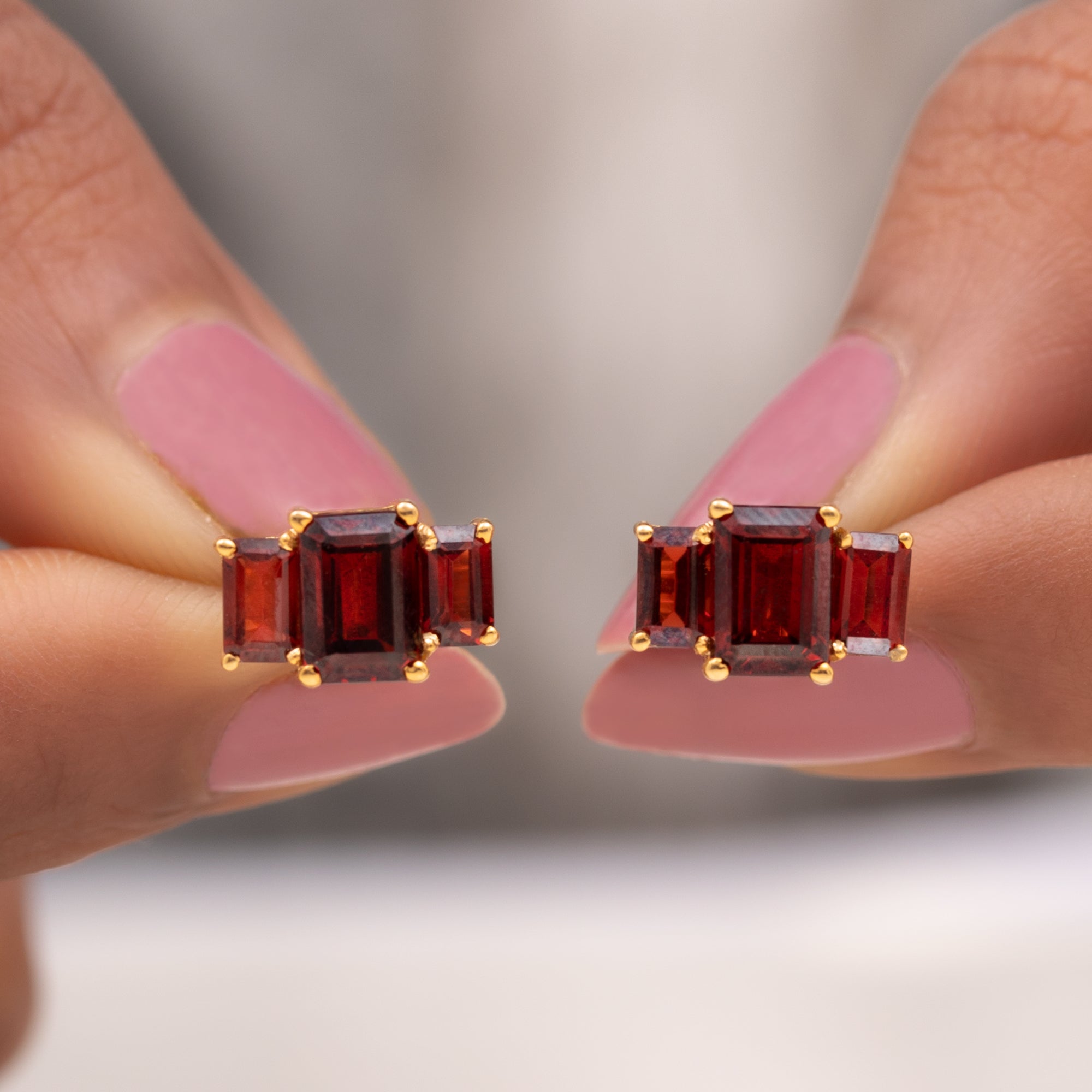 4 CT Octagon Cut Garnet Three Stone Stud Earrings Garnet - ( AAA ) - Quality - Rosec Jewels