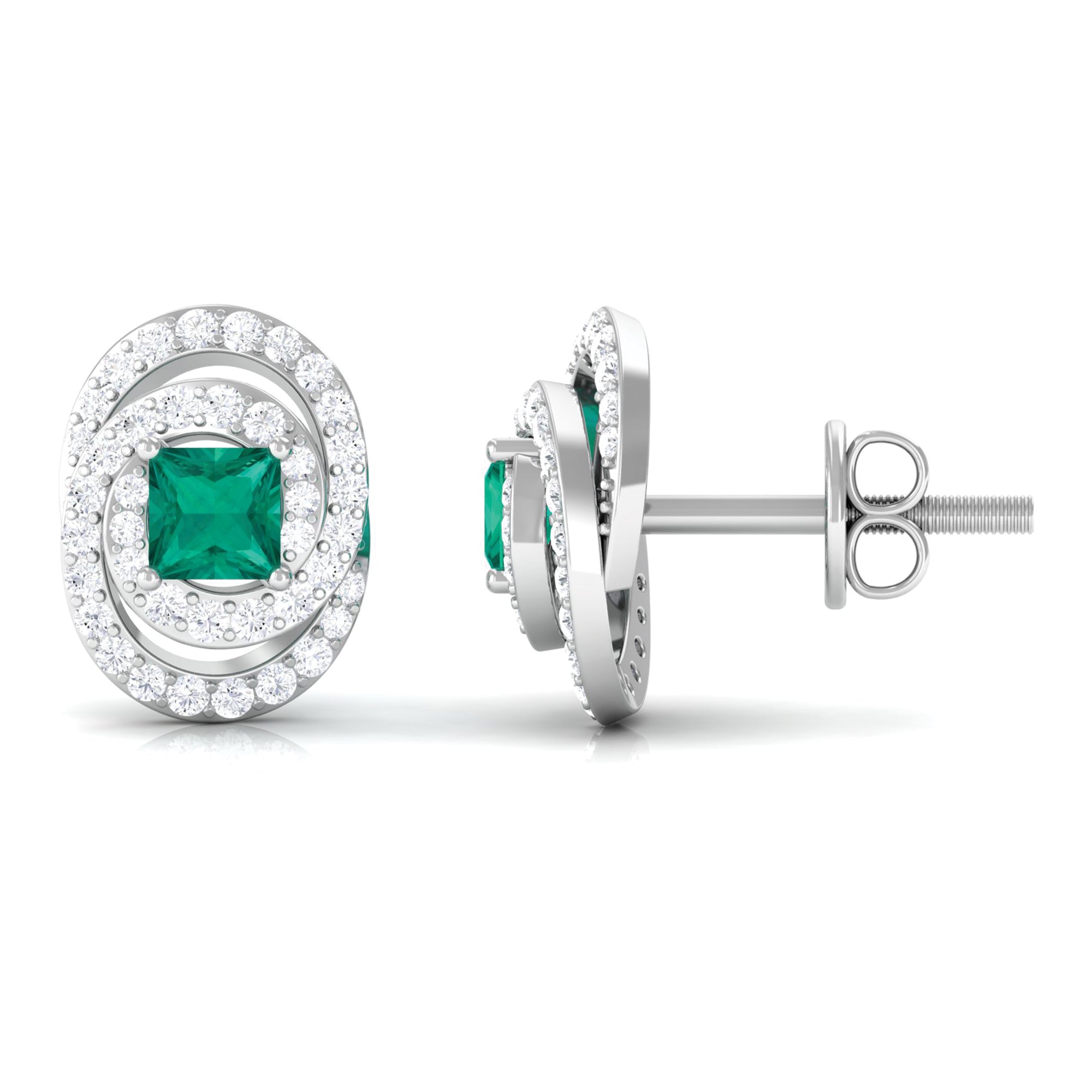 3/4 CT Princess Cut Emerald and Diamond Cocktail Stud Earrings Emerald - ( AAA ) - Quality - Rosec Jewels