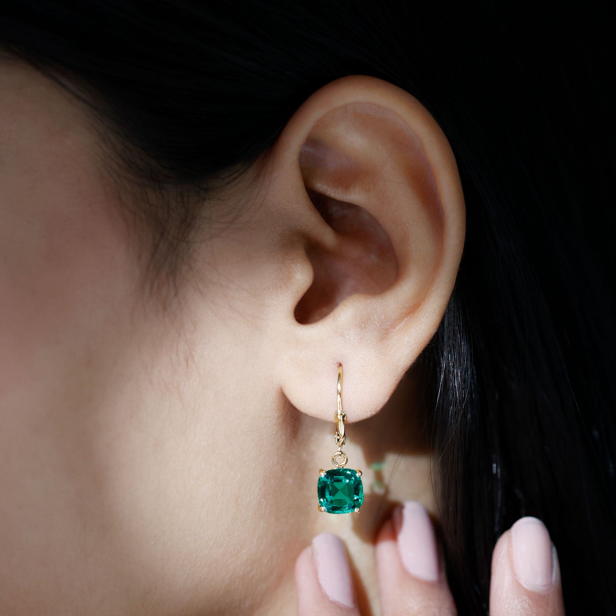 Cushion Cut Solitaire Created Emerald Drop Earrings Lab Created Emerald - ( AAAA ) - Quality - Rosec Jewels