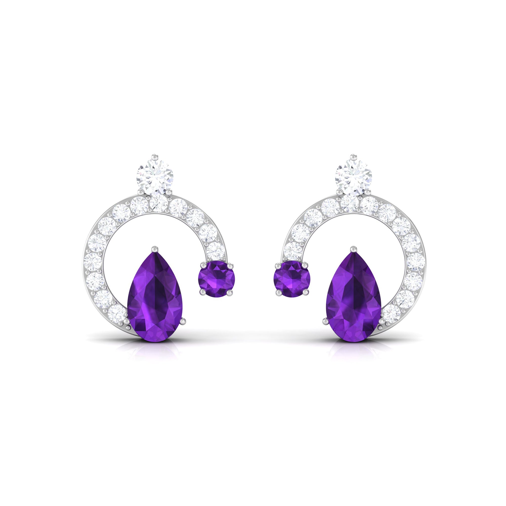 Amethyst and Diamond Contemporary Stud Earrings Amethyst - ( AAA ) - Quality - Rosec Jewels