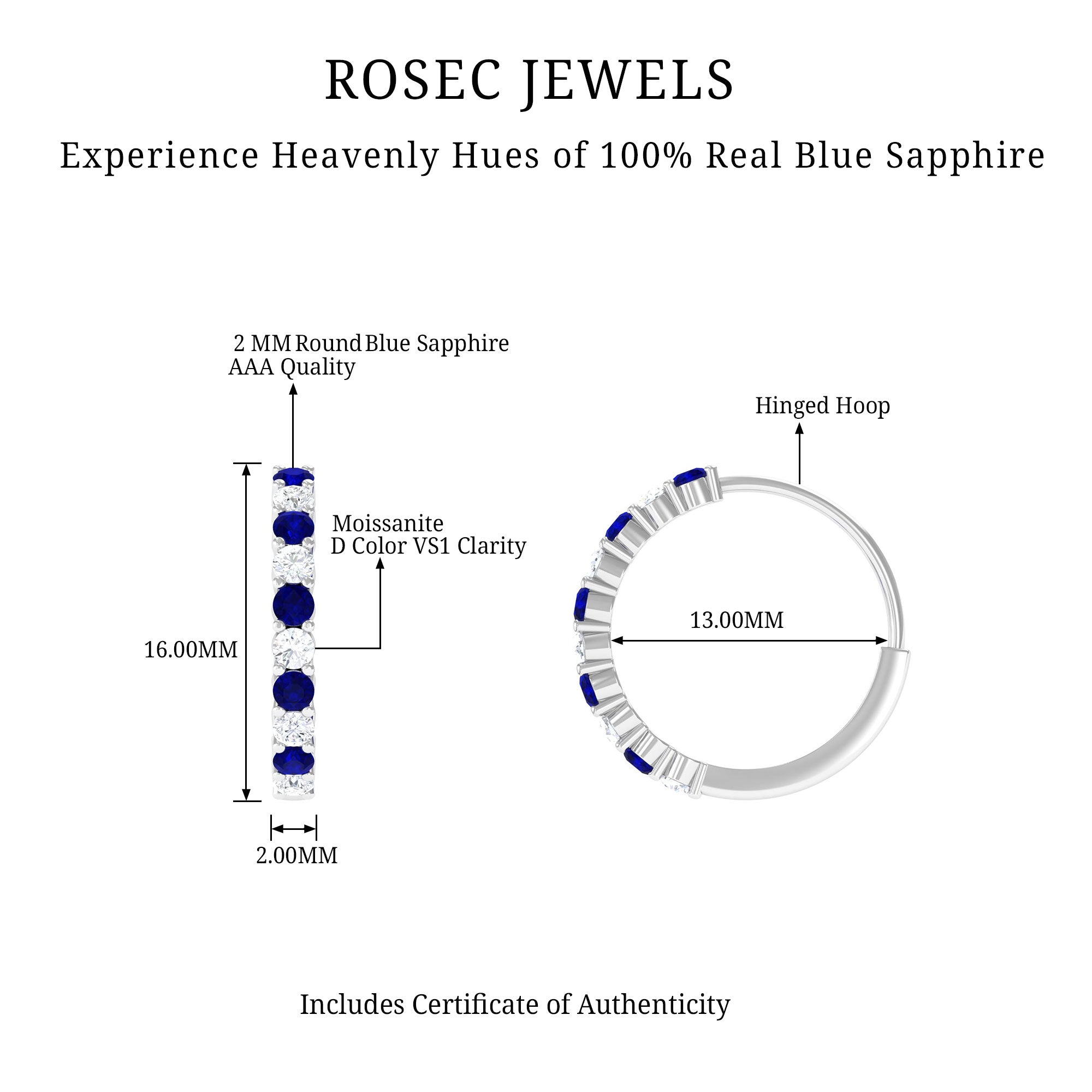 Minimal Hoop Earrings with Blue Sapphire and Moissanite in Gold Blue Sapphire - ( AAA ) - Quality - Rosec Jewels