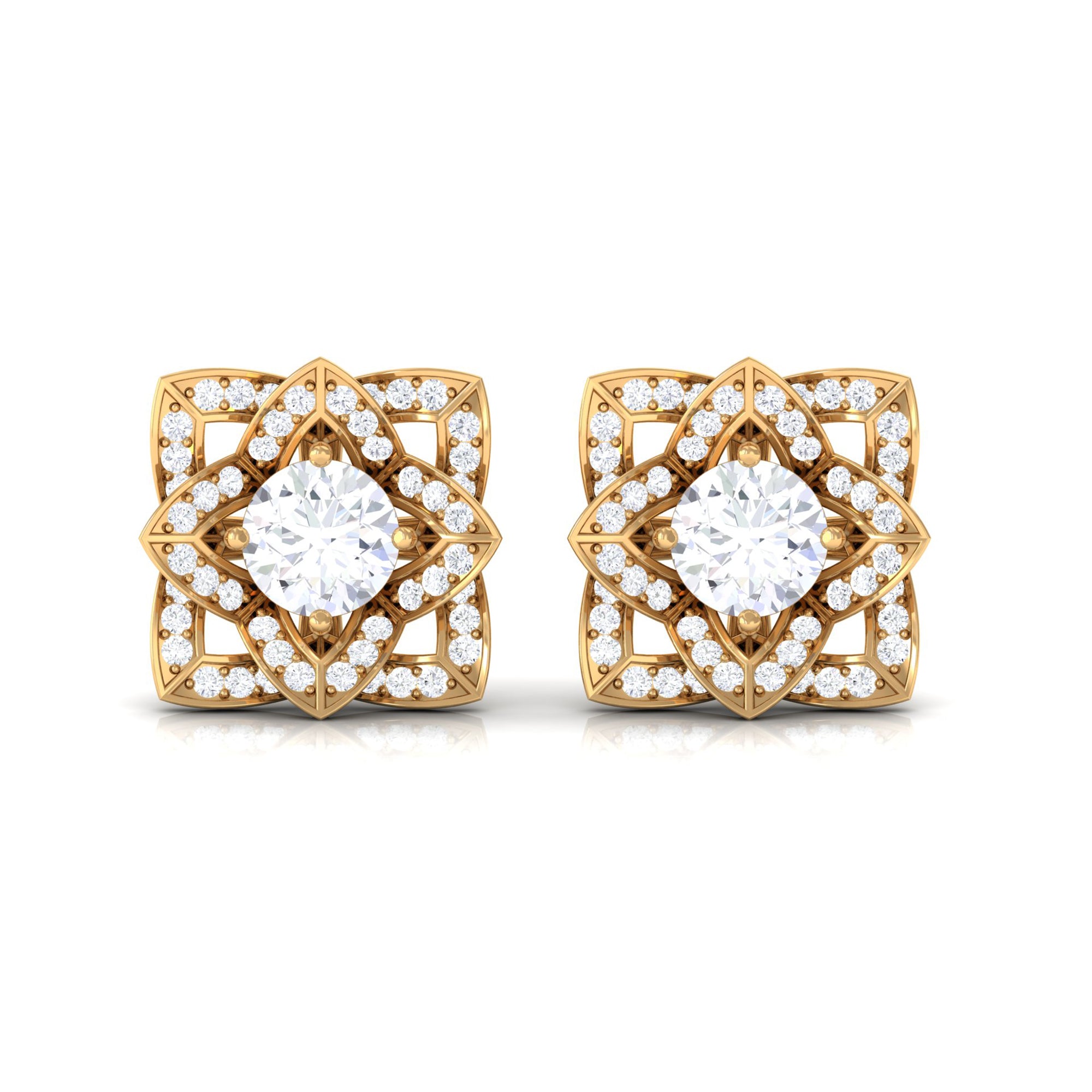 Flower Stud Earrings with Round Shape Diamond Diamond - ( HI-SI ) - Color and Clarity - Rosec Jewels