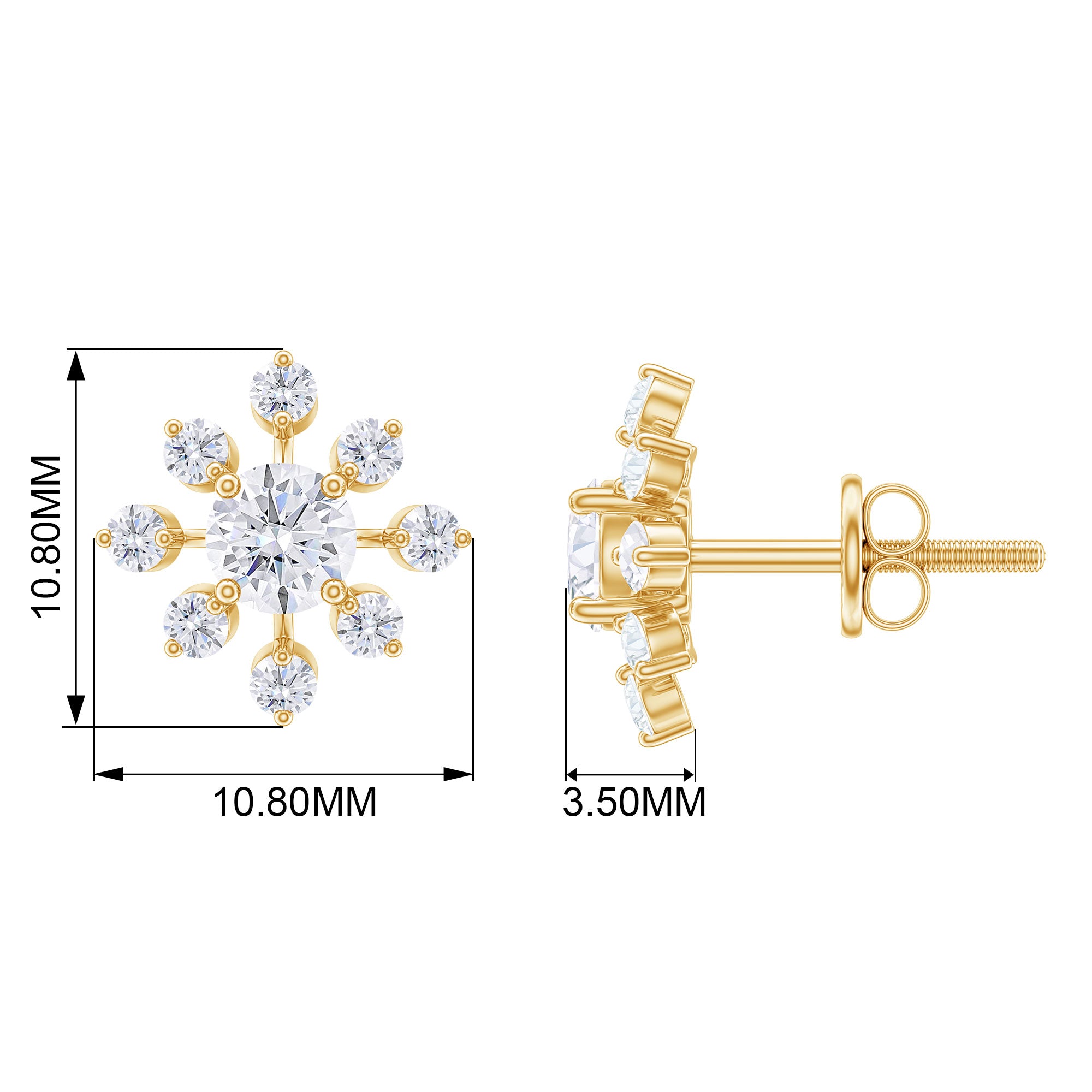 Flower Stud Earrings with Moissanite in Gold Moissanite - ( D-VS1 ) - Color and Clarity - Rosec Jewels