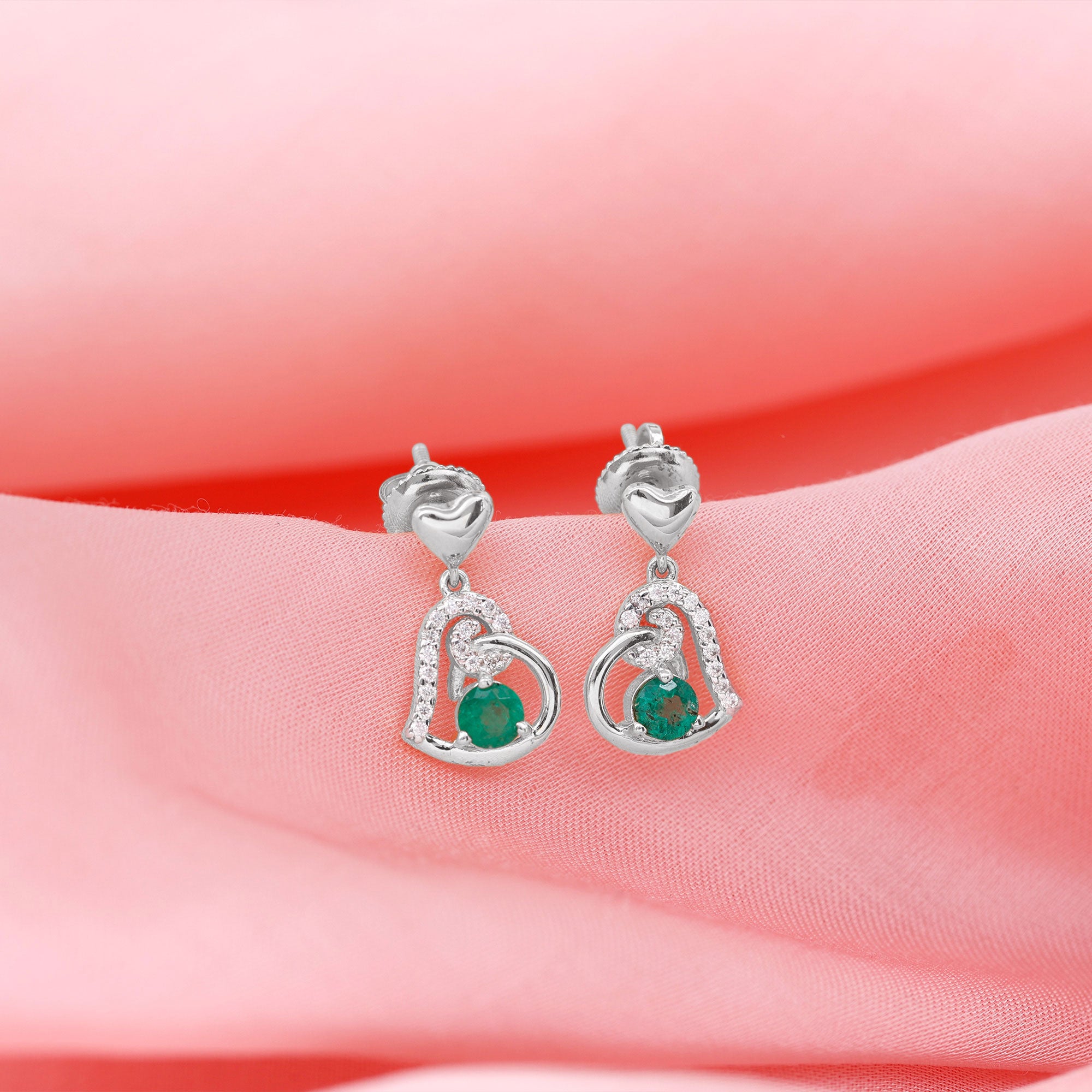 Round Emerald and Diamond Heart Drop Earrings Emerald - ( AAA ) - Quality - Rosec Jewels