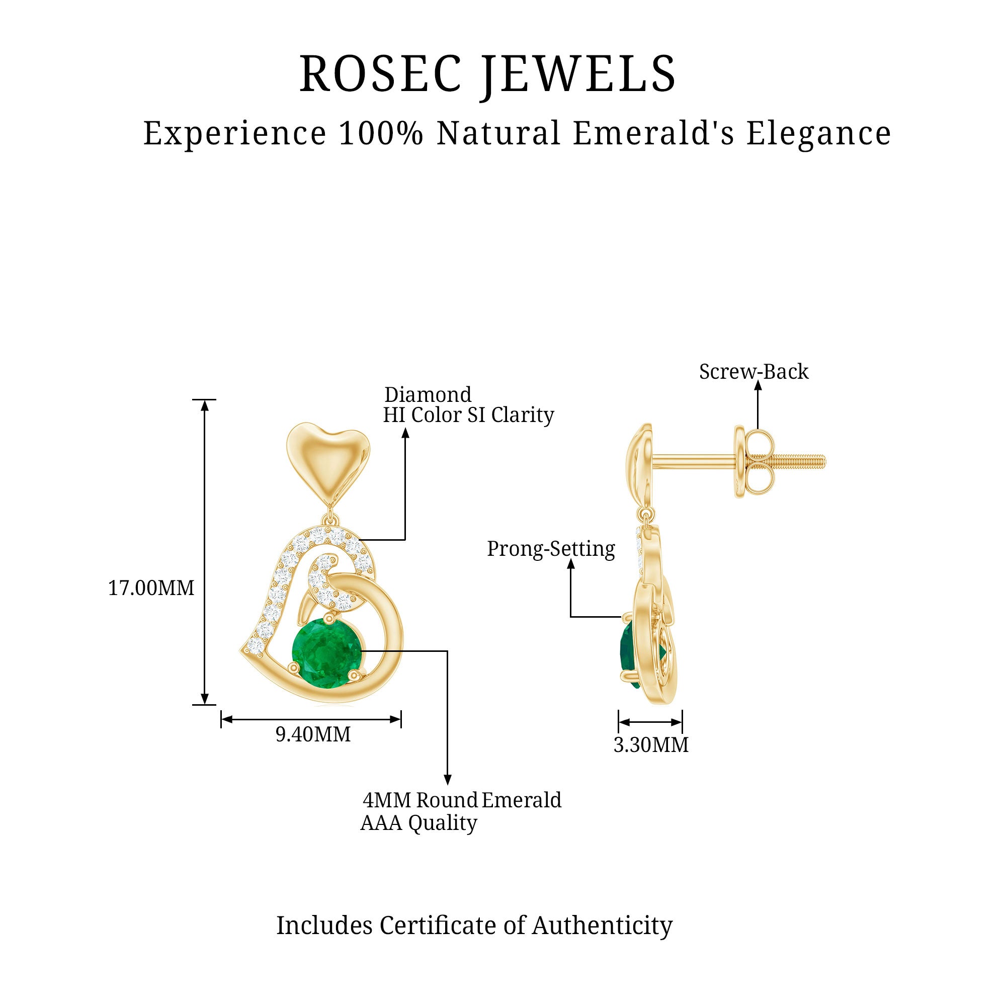 Round Emerald and Diamond Heart Drop Earrings Emerald - ( AAA ) - Quality - Rosec Jewels